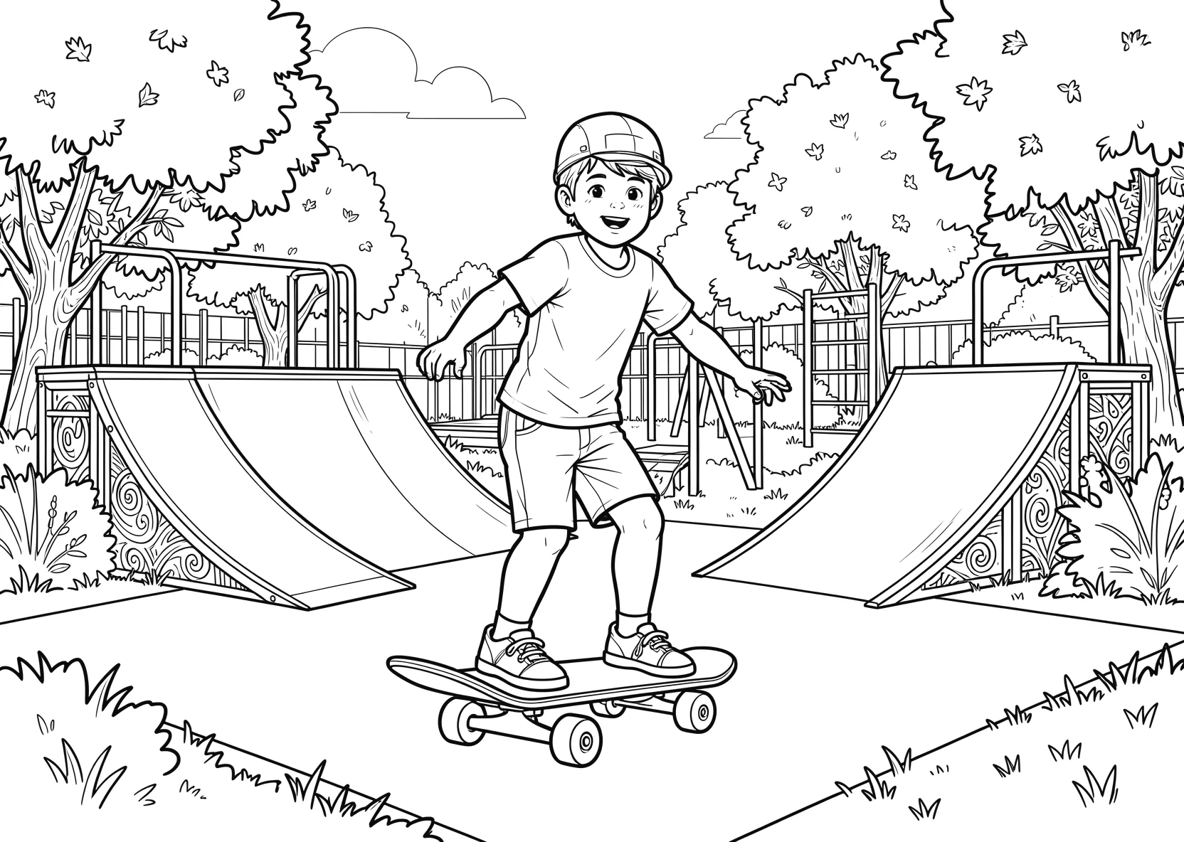 Ausmalbild Kinder fahren Skateboard in einem Park mit Rampen - Ausmalbild aus der Kategorie Fahrzeuge - kostenlos ausdrucken