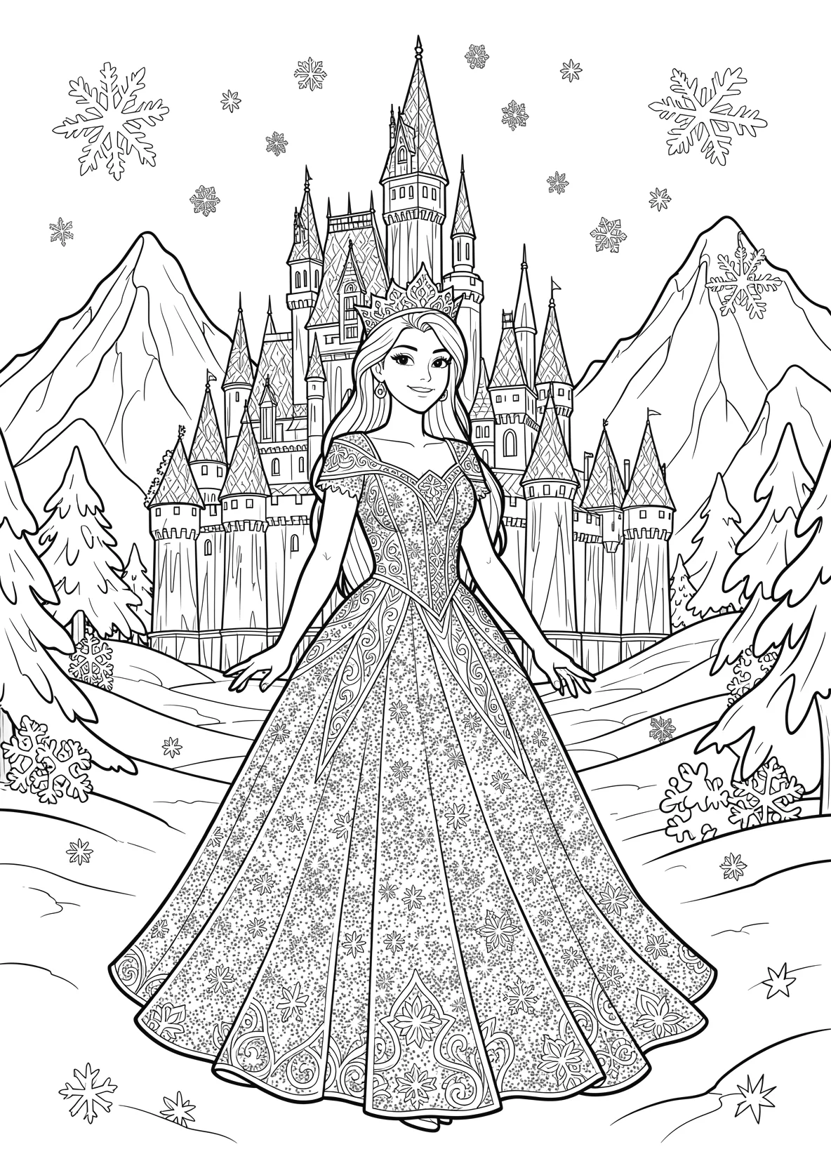 Ausmalbild Freundliche Eisprinzessin mit langem glitzernden - Ausmalbild aus der Kategorie Maerchen - kostenlos ausdrucken