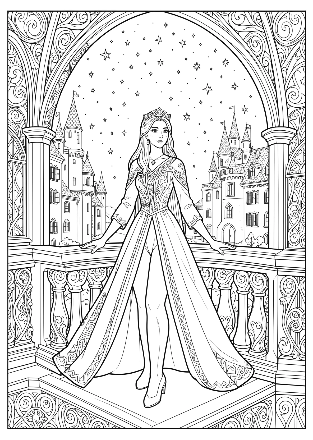 Ausmalbild Eisprinzessin steht auf einem Balkon eines - Ausmalbild aus der Kategorie Maerchen - kostenlos ausdrucken