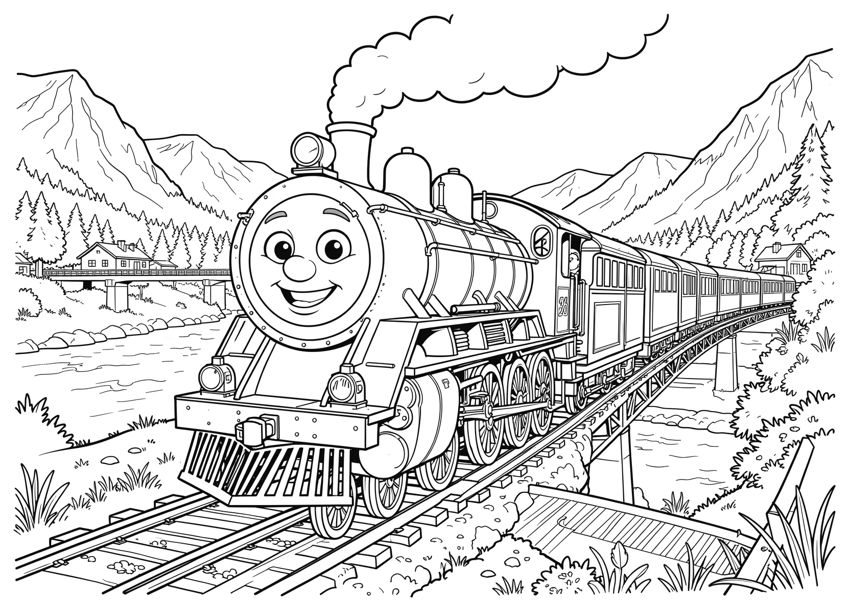 Ausmalbild Freundliche Dampflok mit einem großen lächelnden - Ausmalbild aus der Kategorie Fahrzeuge - kostenlos ausdrucken