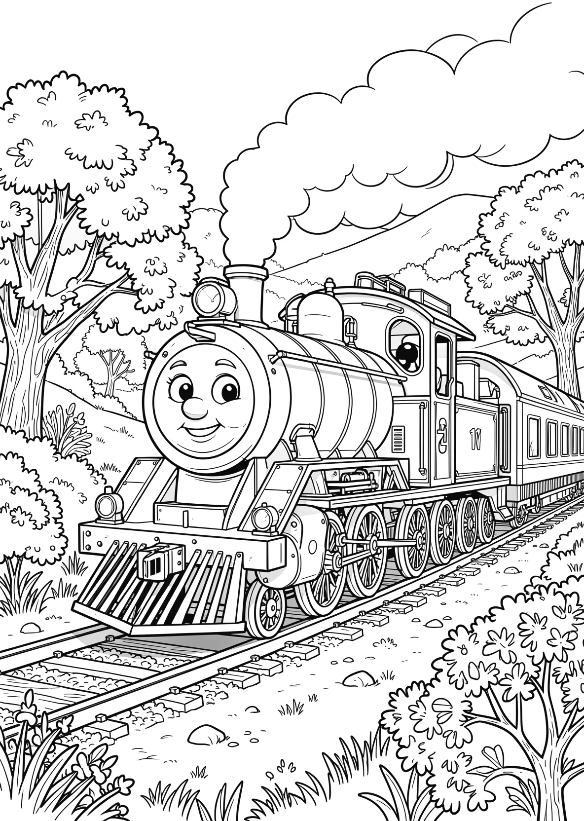 Ausmalbild Fröhliche kleine Lokomotive mit Gesicht fährt - Ausmalbild aus der Kategorie Fahrzeuge - kostenlos ausdrucken