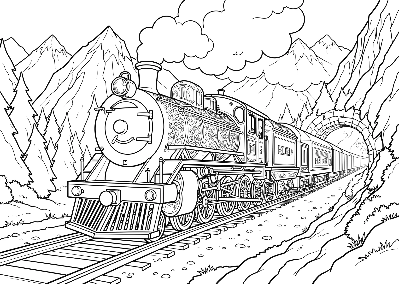 Ausmalbild Bunte Lokomotive mit Gesicht fährt durch einen - Ausmalbild aus der Kategorie Fahrzeuge - kostenlos ausdrucken