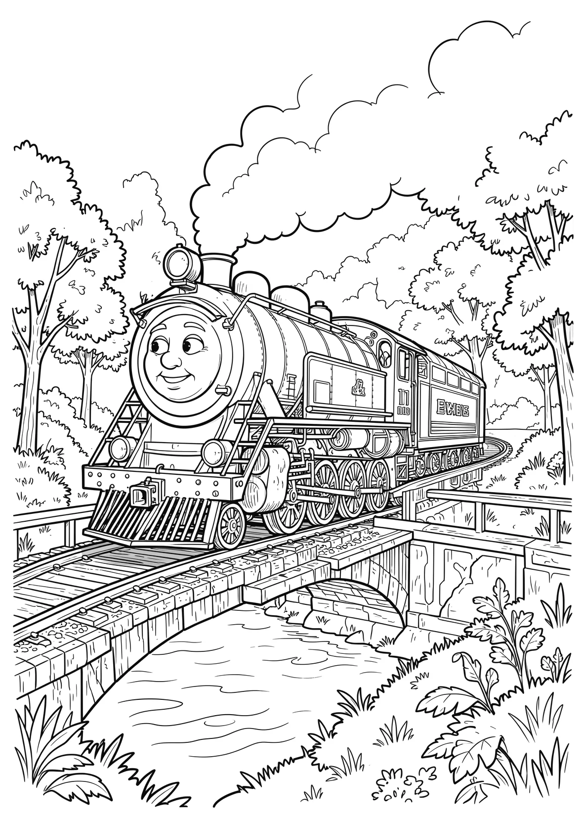 Ausmalbild Lokomotive mit Gesicht fährt über eine Brücke - Ausmalbild aus der Kategorie Fahrzeuge - kostenlos ausdrucken