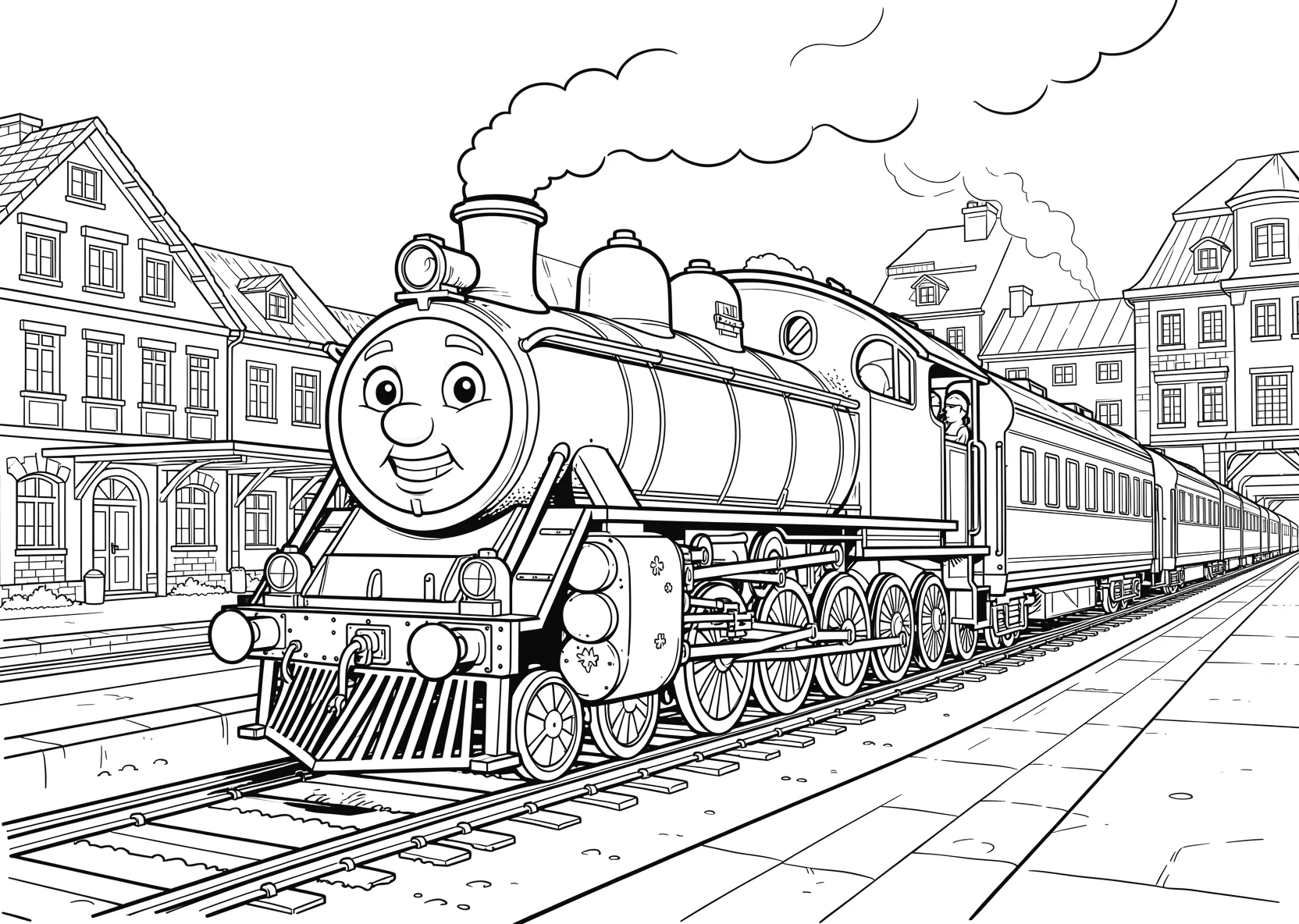 Ausmalbild Freundliche Lokomotive mit Gesicht fährt durch - Ausmalbild aus der Kategorie Fahrzeuge - kostenlos ausdrucken