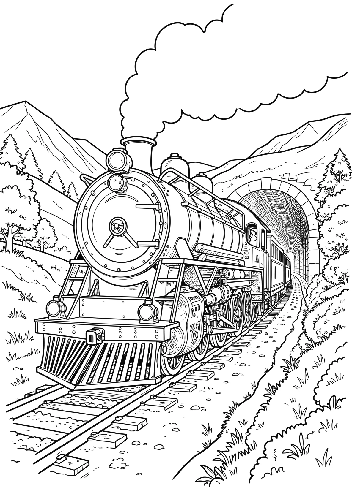 Ausmalbild Dampflok mit Gesicht fährt durch eine Landschaft - Ausmalbild aus der Kategorie Fahrzeuge - kostenlos ausdrucken