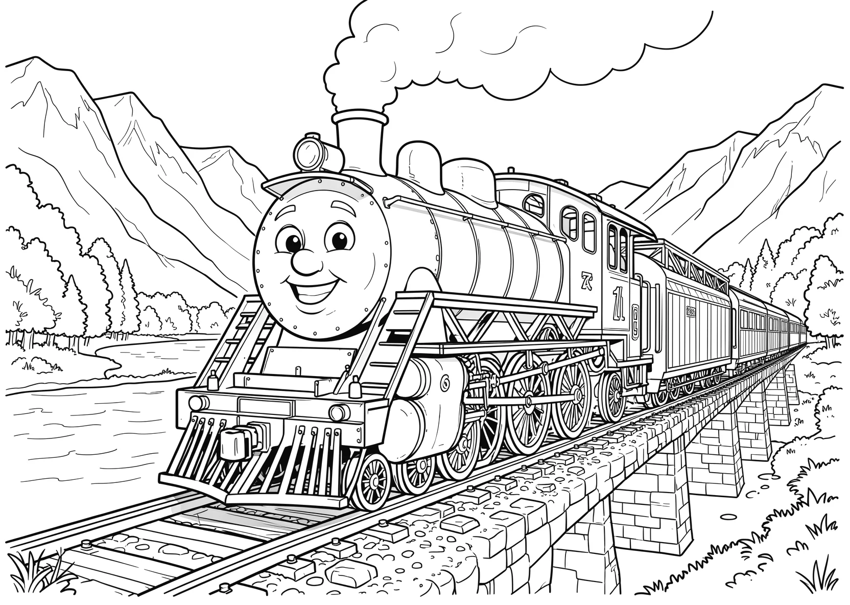 Ausmalbild Freundliche Dampflok mit einem großen lächelnden - Ausmalbild aus der Kategorie Fahrzeuge - kostenlos ausdrucken