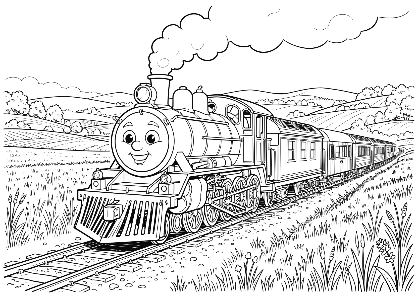 Ausmalbild Kleine Lokomotive mit Gesicht zieht mehrere - Ausmalbild aus der Kategorie Fahrzeuge - kostenlos ausdrucken