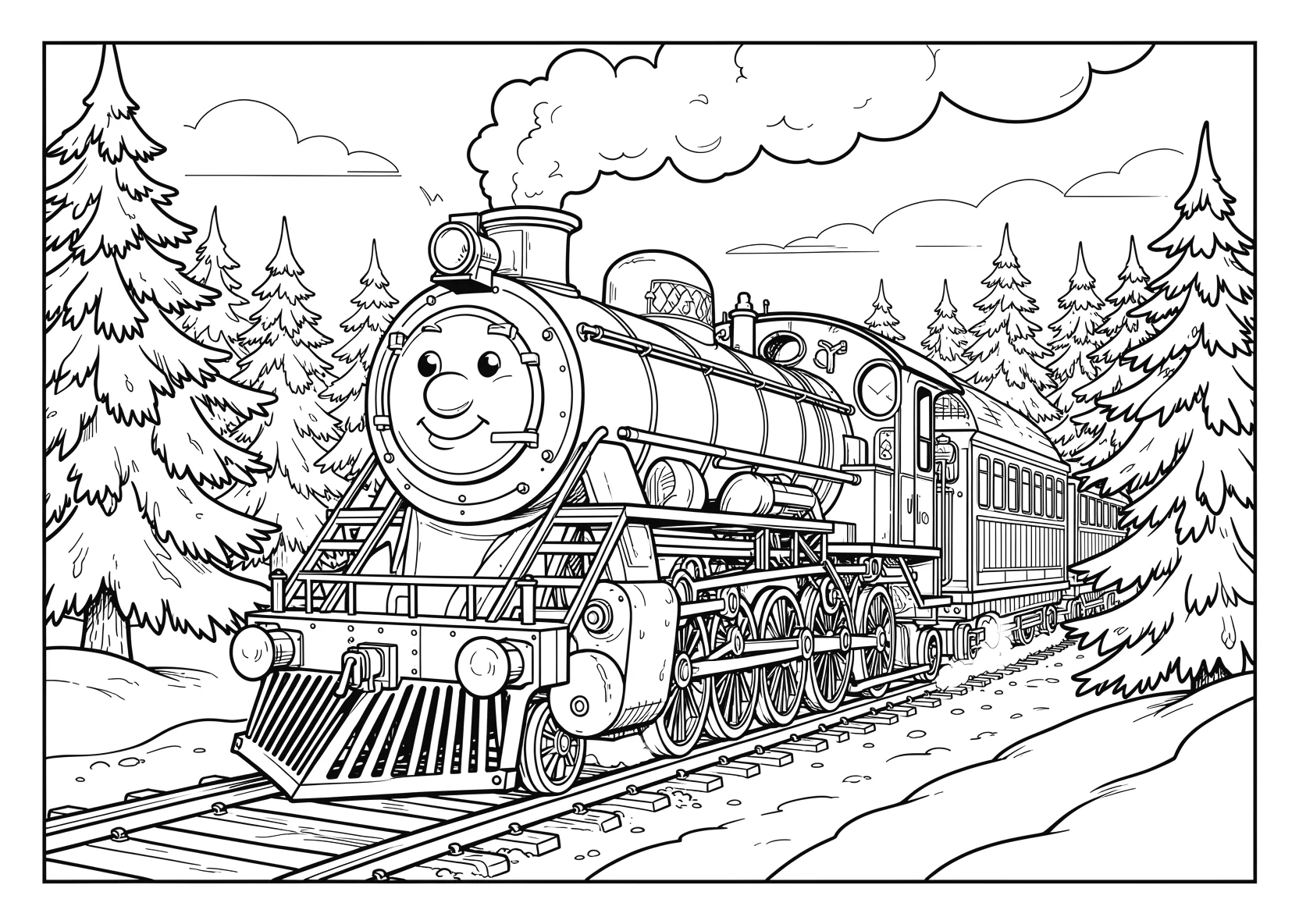 Ausmalbild Fröhliche Dampflok mit Gesicht fährt durch eine - Ausmalbild aus der Kategorie Fahrzeuge - kostenlos ausdrucken
