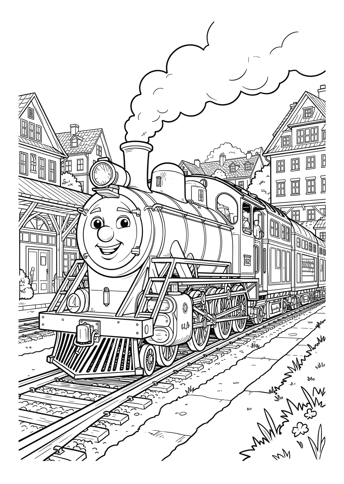 Ausmalbild Freundliche Lokomotive mit Gesicht fährt durch - Ausmalbild aus der Kategorie Fahrzeuge - kostenlos ausdrucken