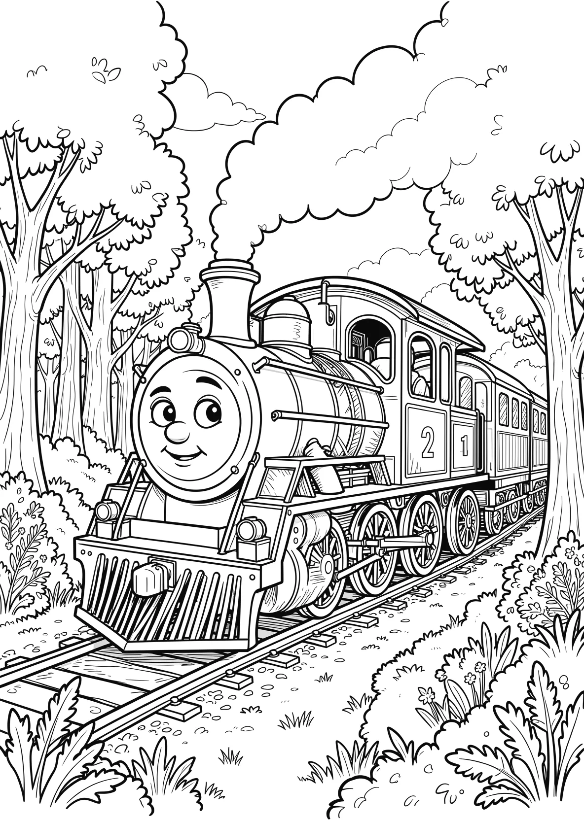 Ausmalbild Kleine Lokomotive mit Gesicht fährt durch einen - Ausmalbild aus der Kategorie Fahrzeuge - kostenlos ausdrucken