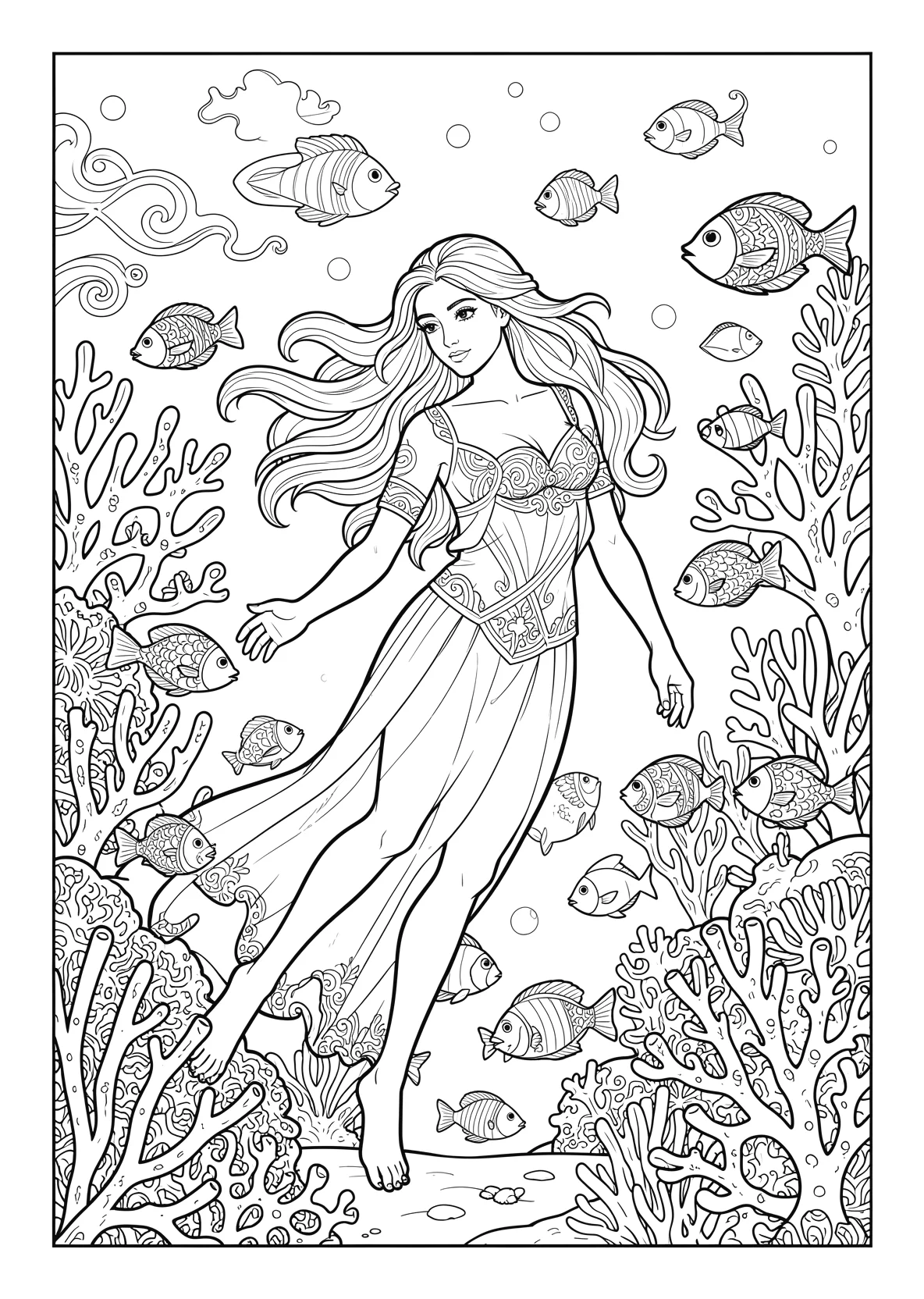 Ausmalbild Meerprinzessin schwimmt zwischen Korallen - Ausmalbild aus der Kategorie Maerchen - kostenlos ausdrucken
