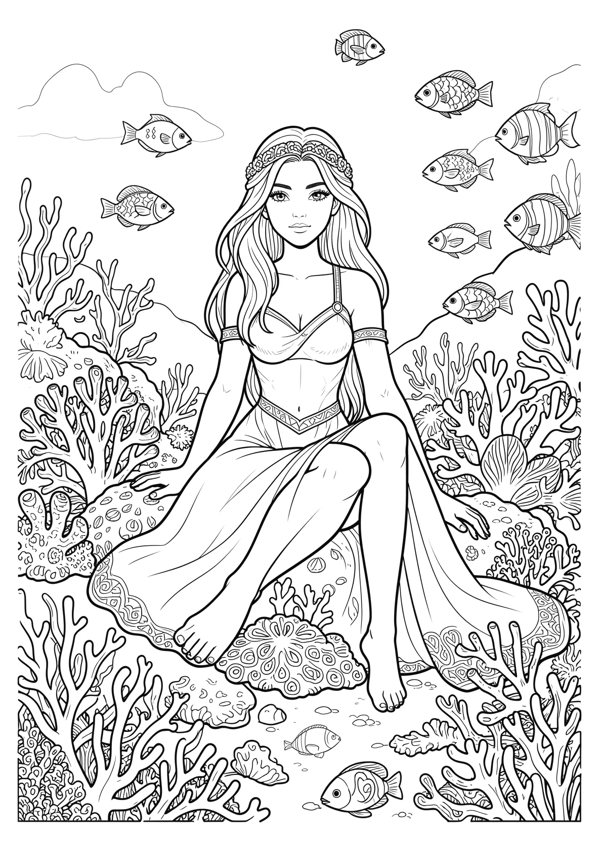 Ausmalbild Meerprinzessin sitzt auf einem Korallenriff mit - Ausmalbild aus der Kategorie Maerchen - kostenlos ausdrucken
