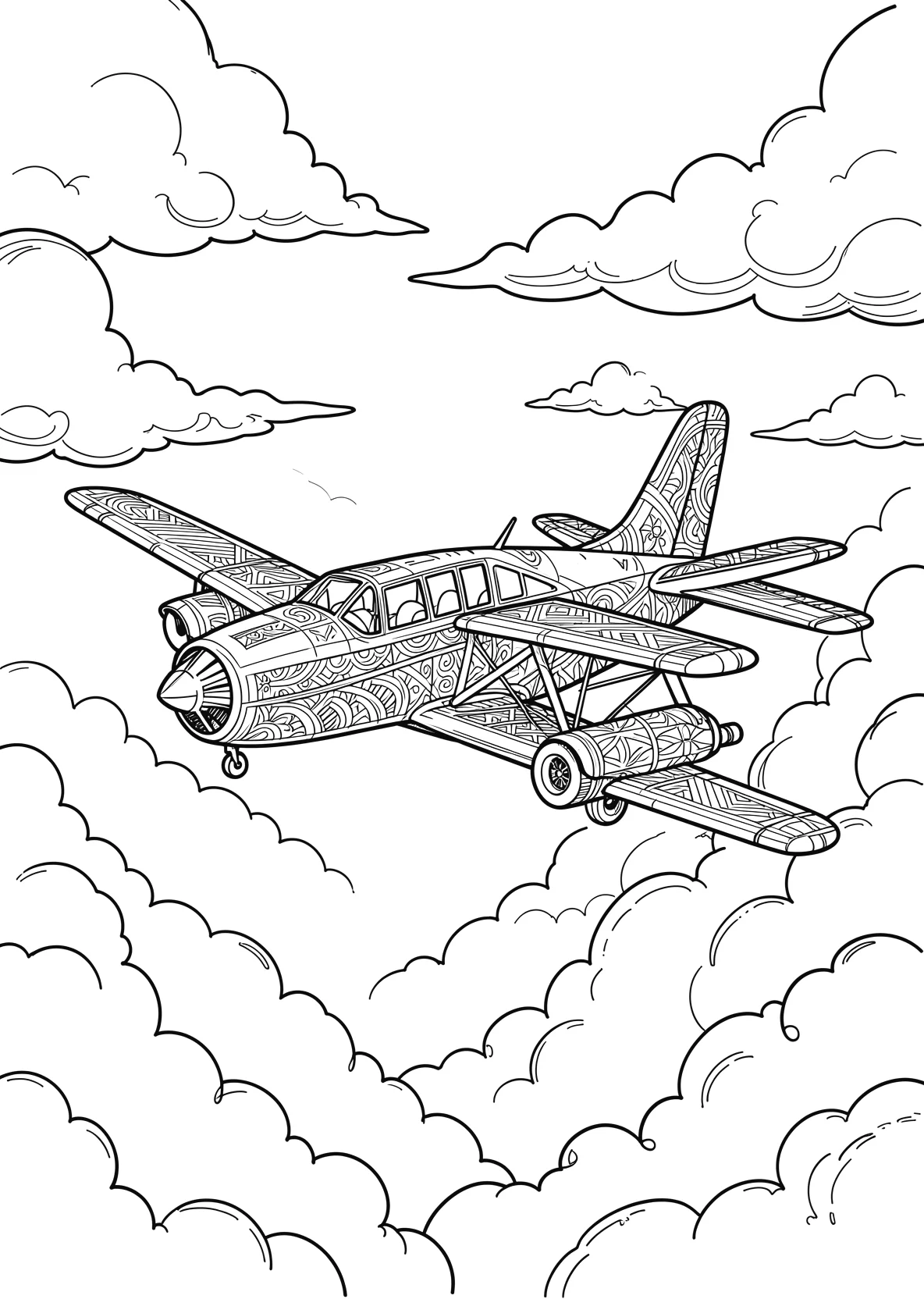 Ausmalbild Flugzeug mit Gesicht fliegt durch den Himmel mit - Ausmalbild aus der Kategorie Fahrzeuge - kostenlos ausdrucken