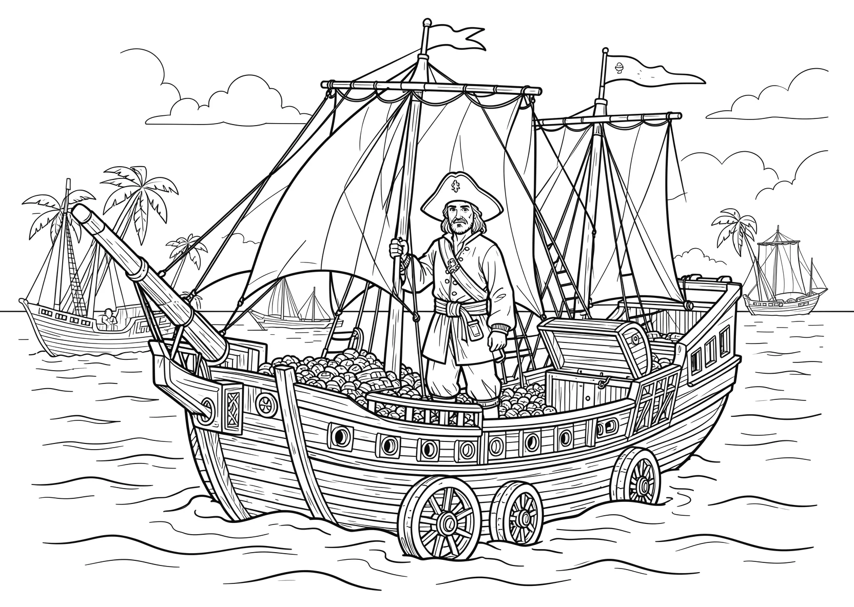 Ausmalbild Pirat steht auf einem Piratenschiff mit Segeln - Ausmalbild aus der Kategorie Maerchen - kostenlos ausdrucken