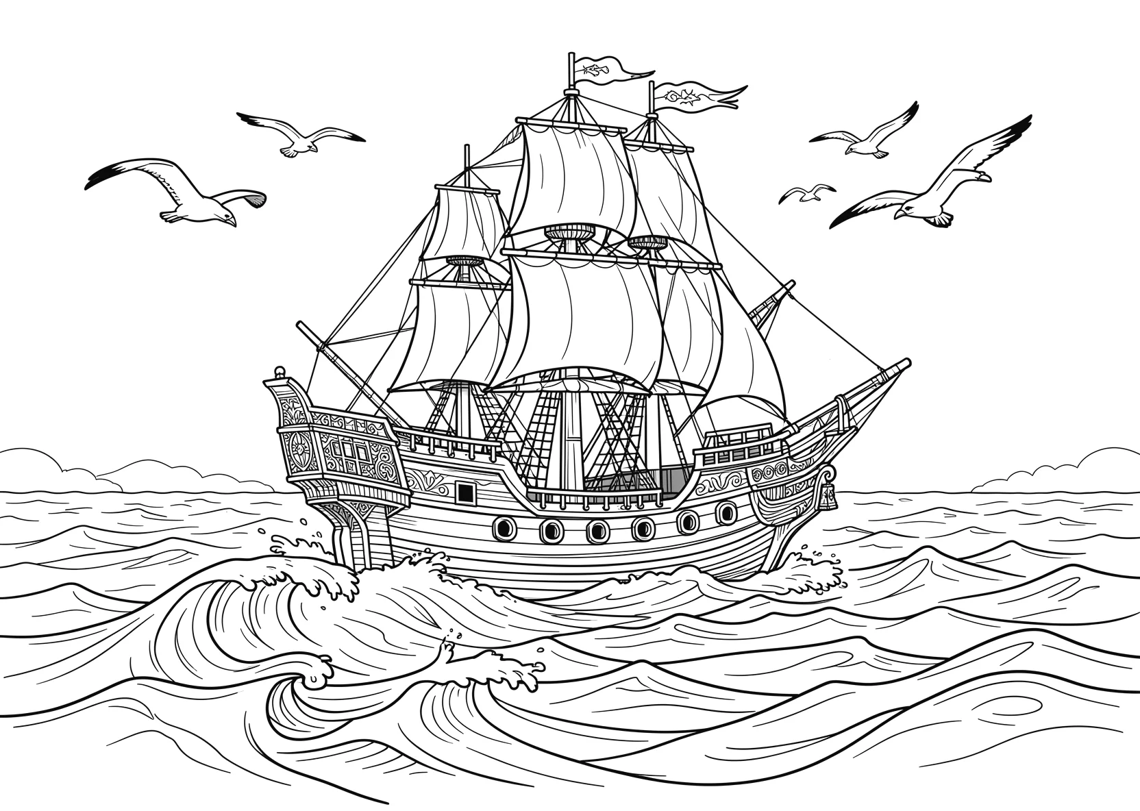 Ausmalbild Piratenschiff fährt über das Meer mit Wellen - Ausmalbild aus der Kategorie Maerchen - kostenlos ausdrucken