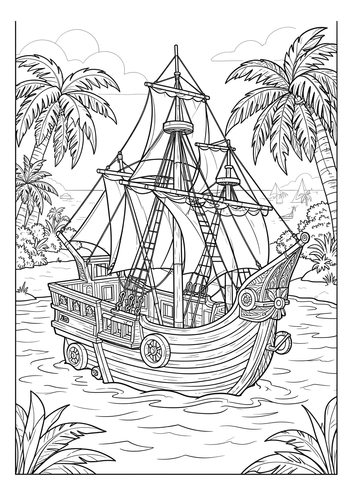 Ausmalbild Piratenschiff ankert vor einer Insel mit Palmen - Ausmalbild aus der Kategorie Maerchen - kostenlos ausdrucken