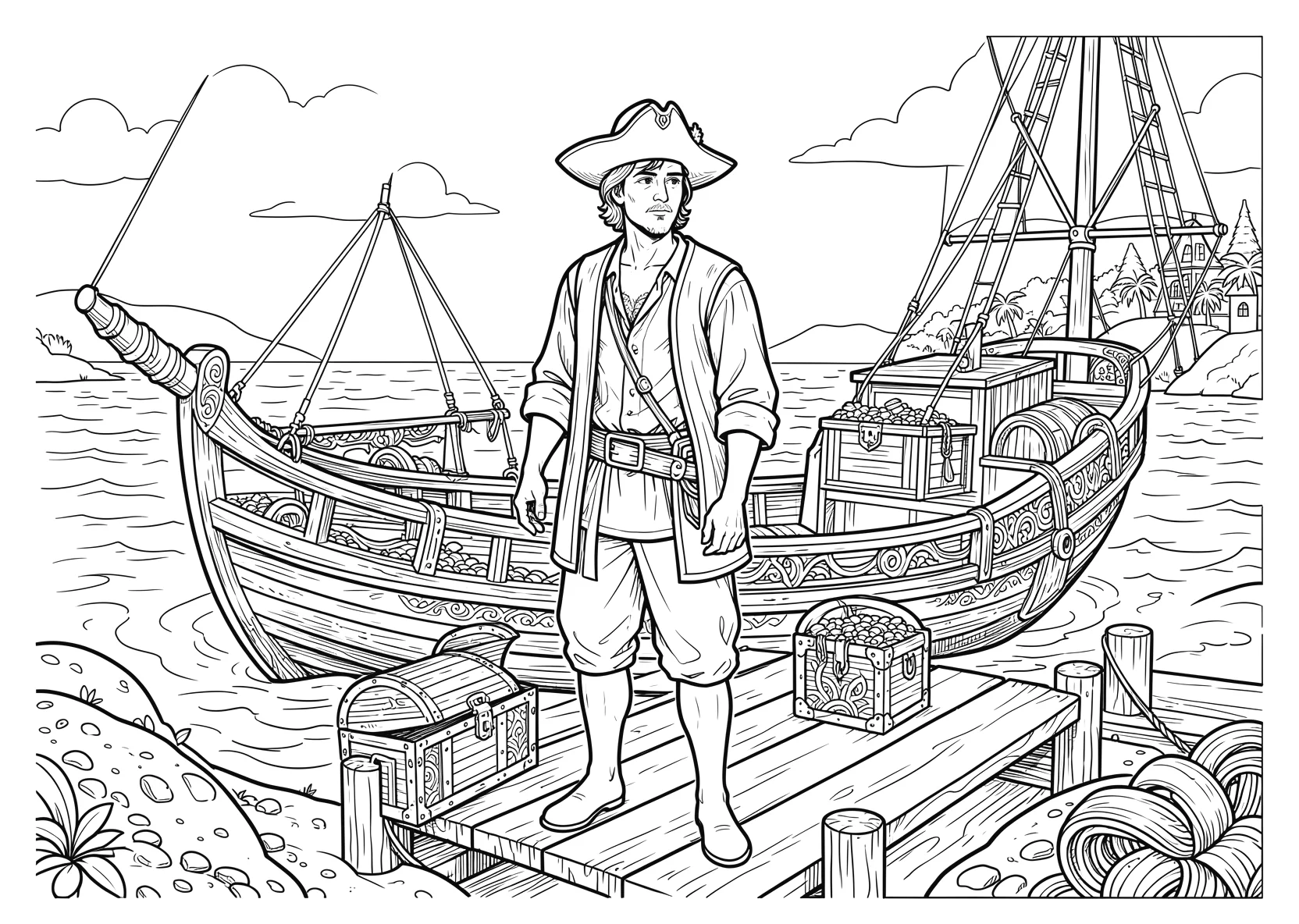 Ausmalbild Pirat steht auf einem Steg mit Boot - Ausmalbild aus der Kategorie Maerchen - kostenlos ausdrucken