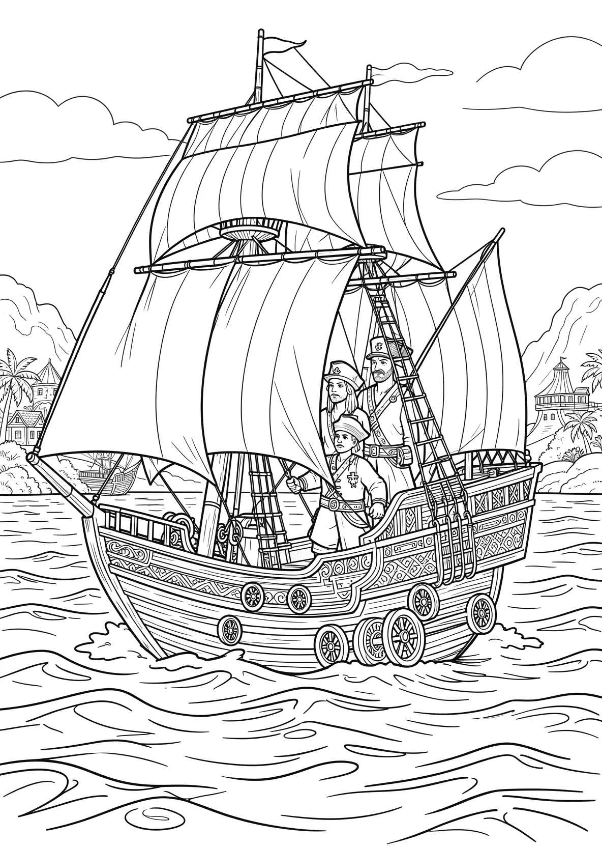 Ausmalbild Pirat segelt über das Meer mit großen Segeln - Ausmalbild aus der Kategorie Maerchen - kostenlos ausdrucken