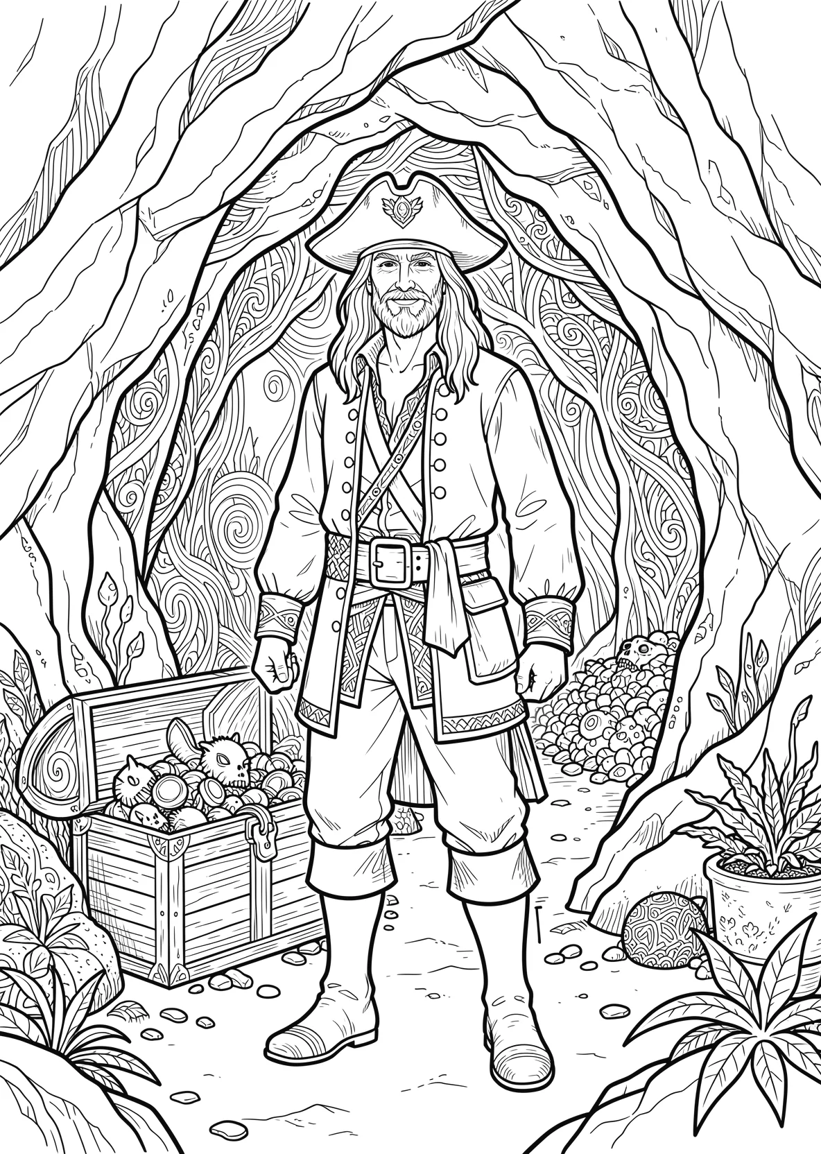 Ausmalbild Pirat steht vor einer Höhle mit Schatzkiste - Ausmalbild aus der Kategorie Maerchen - kostenlos ausdrucken
