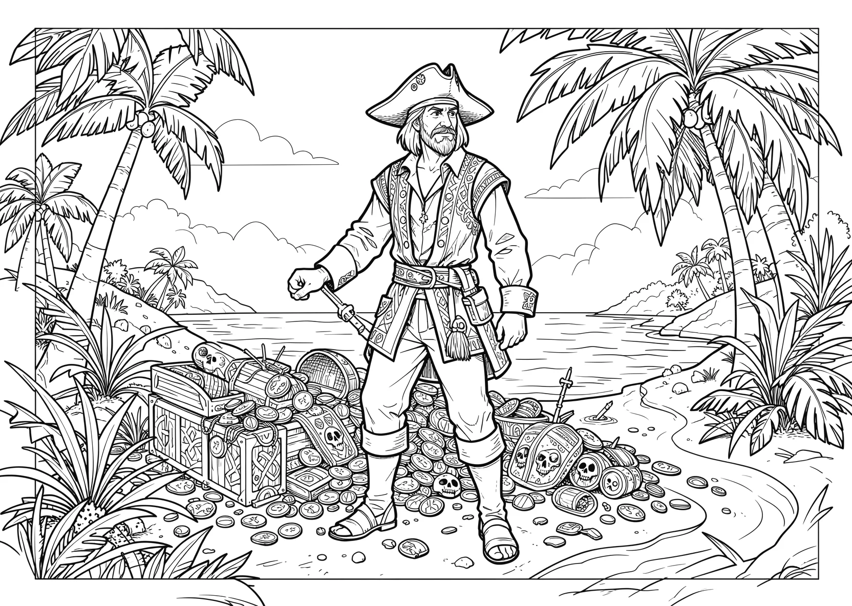 Ausmalbild Pirat sucht einen Schatz auf einer Insel - Ausmalbild aus der Kategorie Maerchen - kostenlos ausdrucken