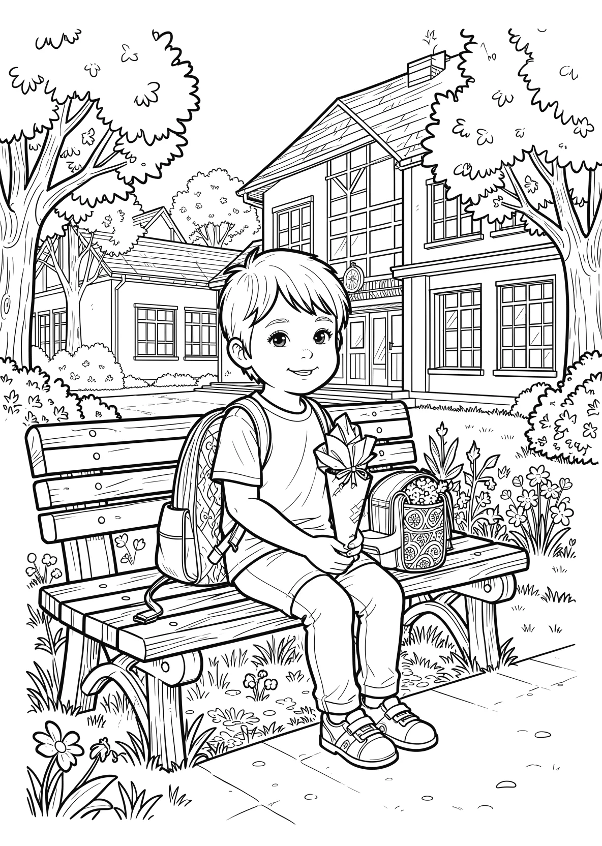 Ausmalbild Kind sitzt auf einer Bank vor einer Schule mit - Ausmalbild aus der Kategorie Berufe - kostenlos ausdrucken