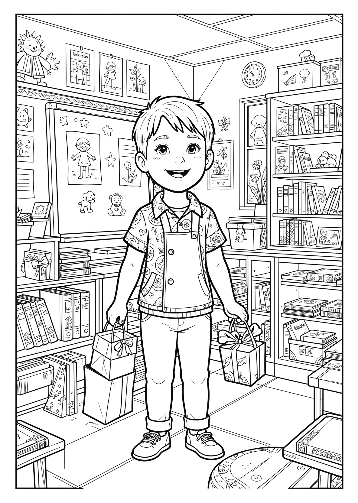 Ausmalbild Kinder mit Schultüten stehen vor einem - Ausmalbild aus der Kategorie Berufe - kostenlos ausdrucken