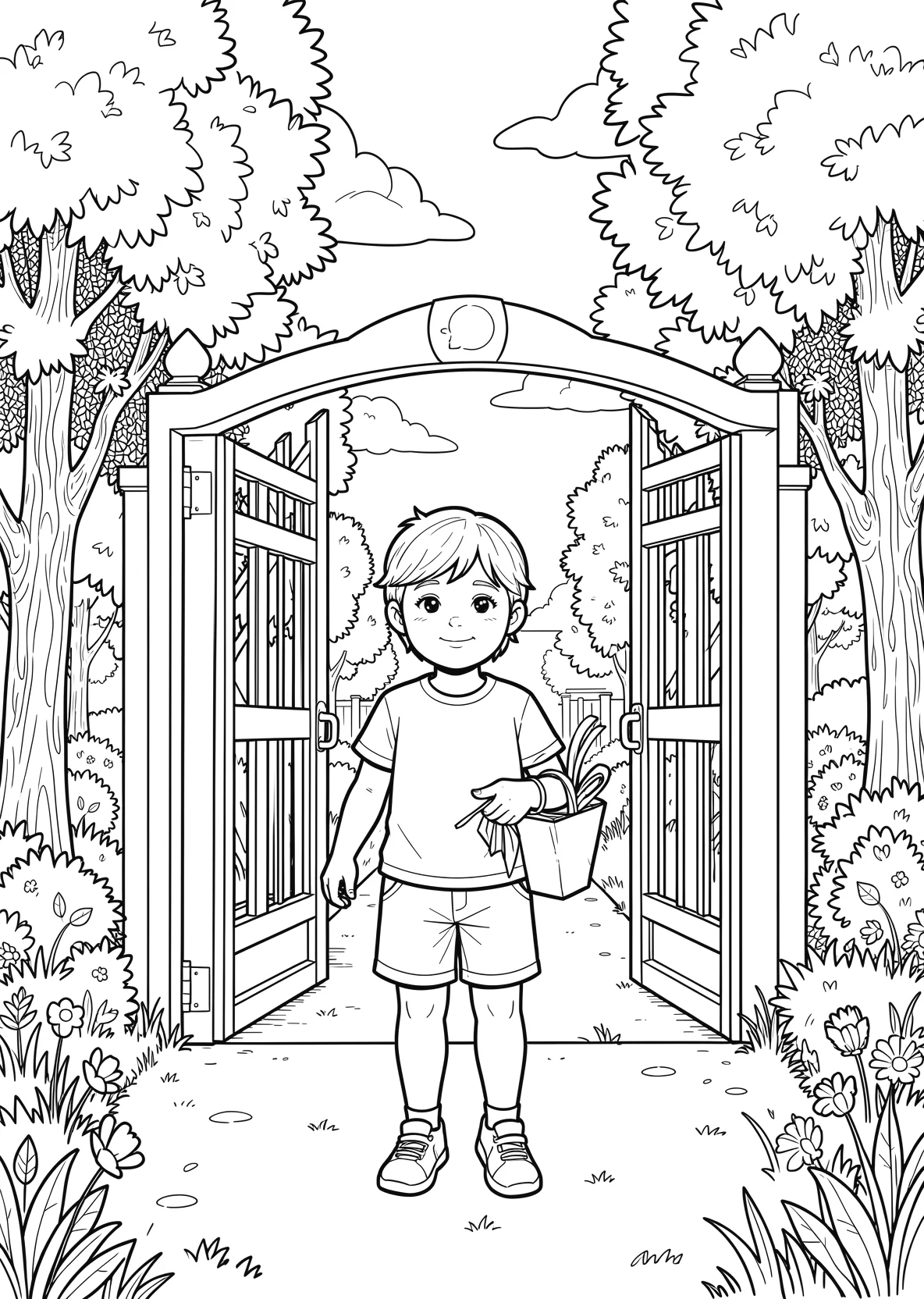 Ausmalbild Kind mit Schultüte geht durch ein großes Schultor - Ausmalbild aus der Kategorie Natur - kostenlos ausdrucken