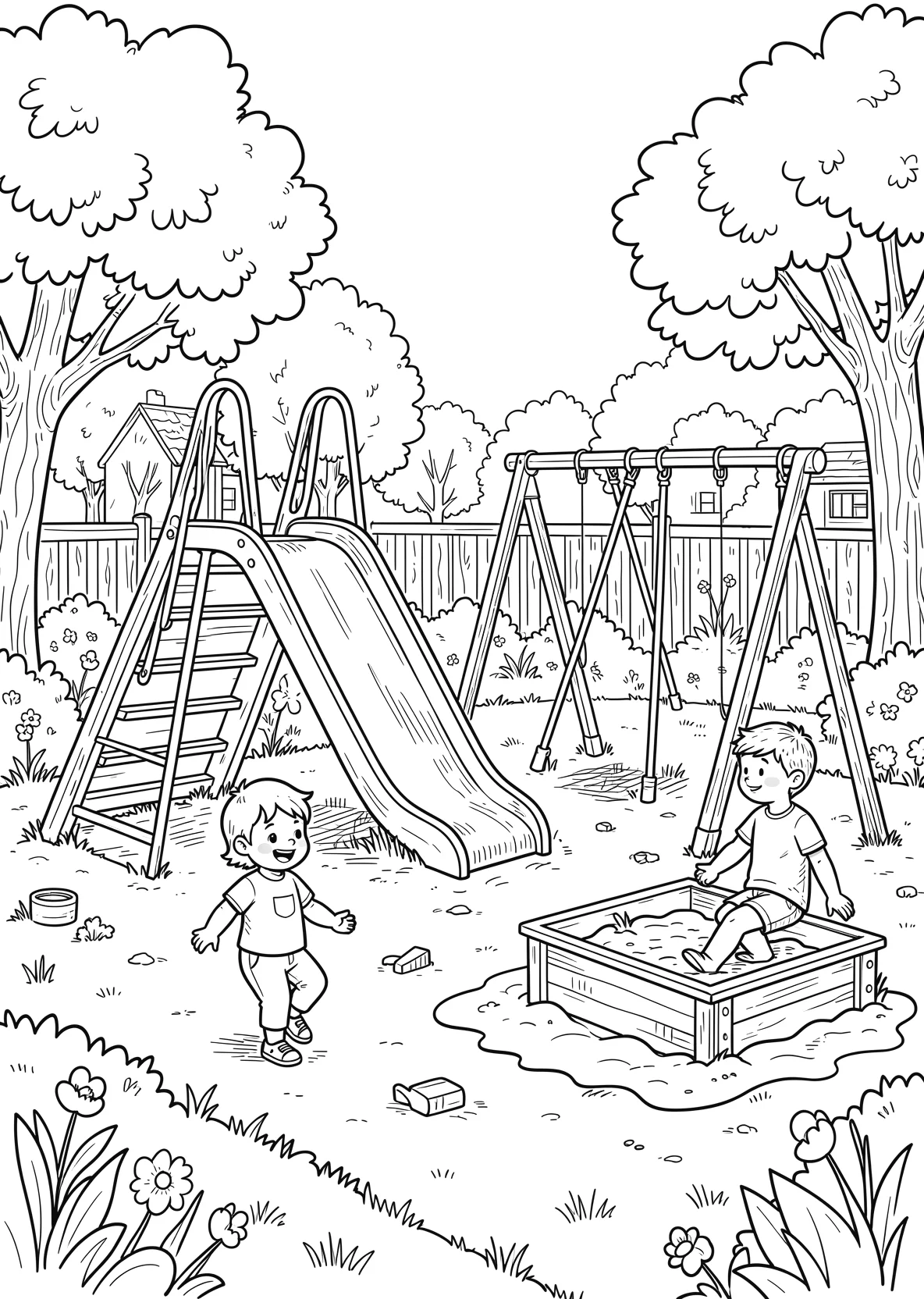 Ausmalbild Kinder spielen im Kindergarten auf einem - Ausmalbild aus der Kategorie Berufe - kostenlos ausdrucken