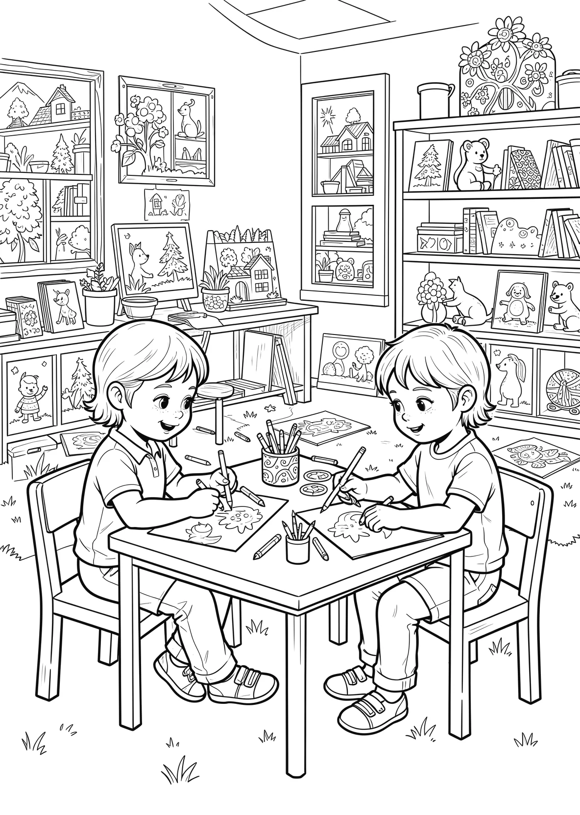 Ausmalbild Kinder sitzen im Kindergarten an einem Tisch - Ausmalbild aus der Kategorie Berufe - kostenlos ausdrucken