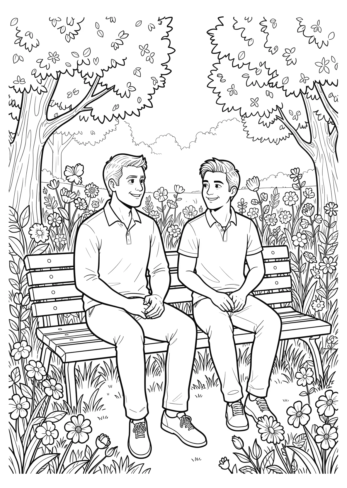 Ausmalbild Zwei beste Freunde sitzen auf einer Bank im Park - Ausmalbild aus der Kategorie Natur - kostenlos ausdrucken