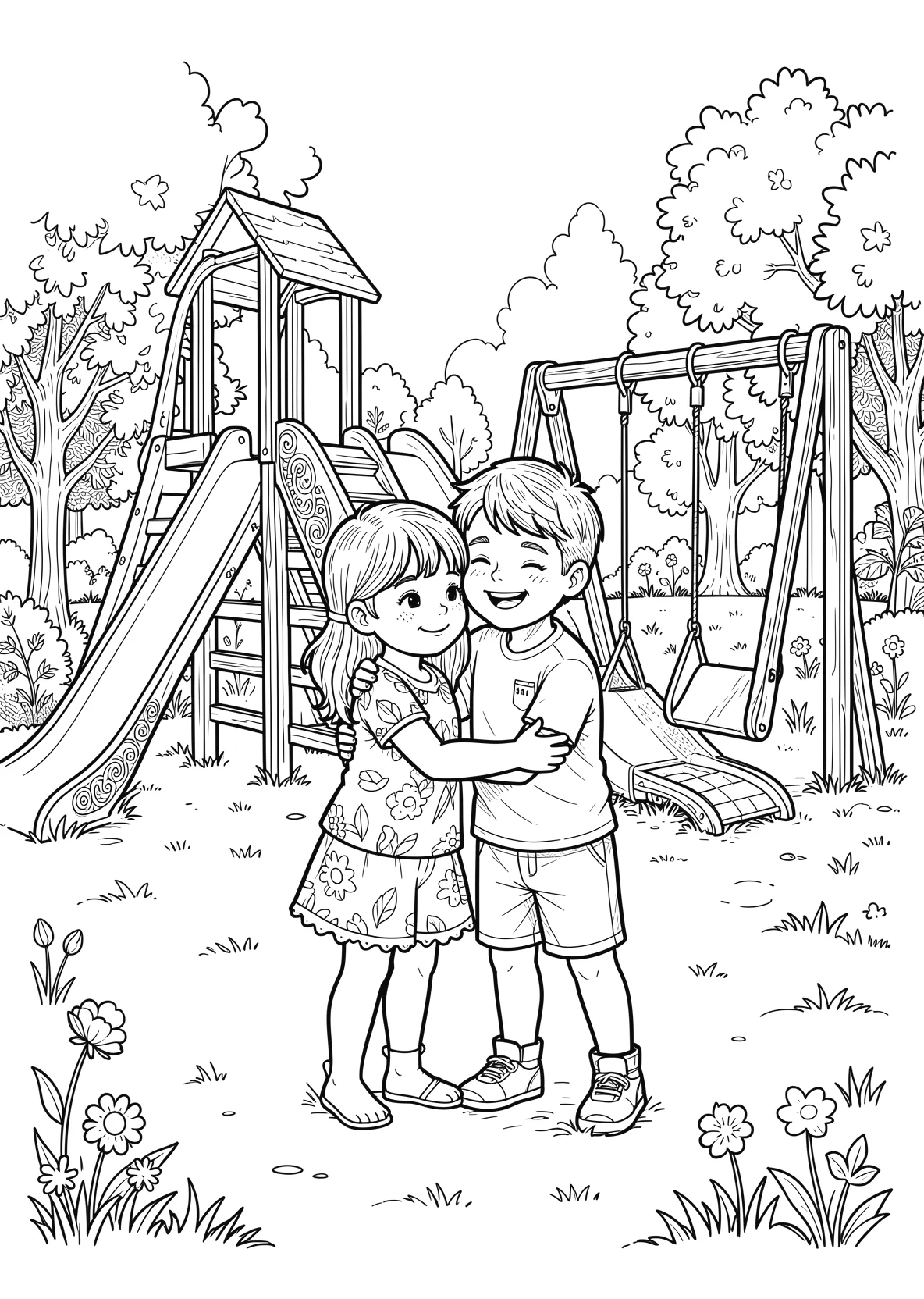 Ausmalbild Kinder umarmen sich auf einem Spielplatz mit - Ausmalbild aus der Kategorie Berufe - kostenlos ausdrucken
