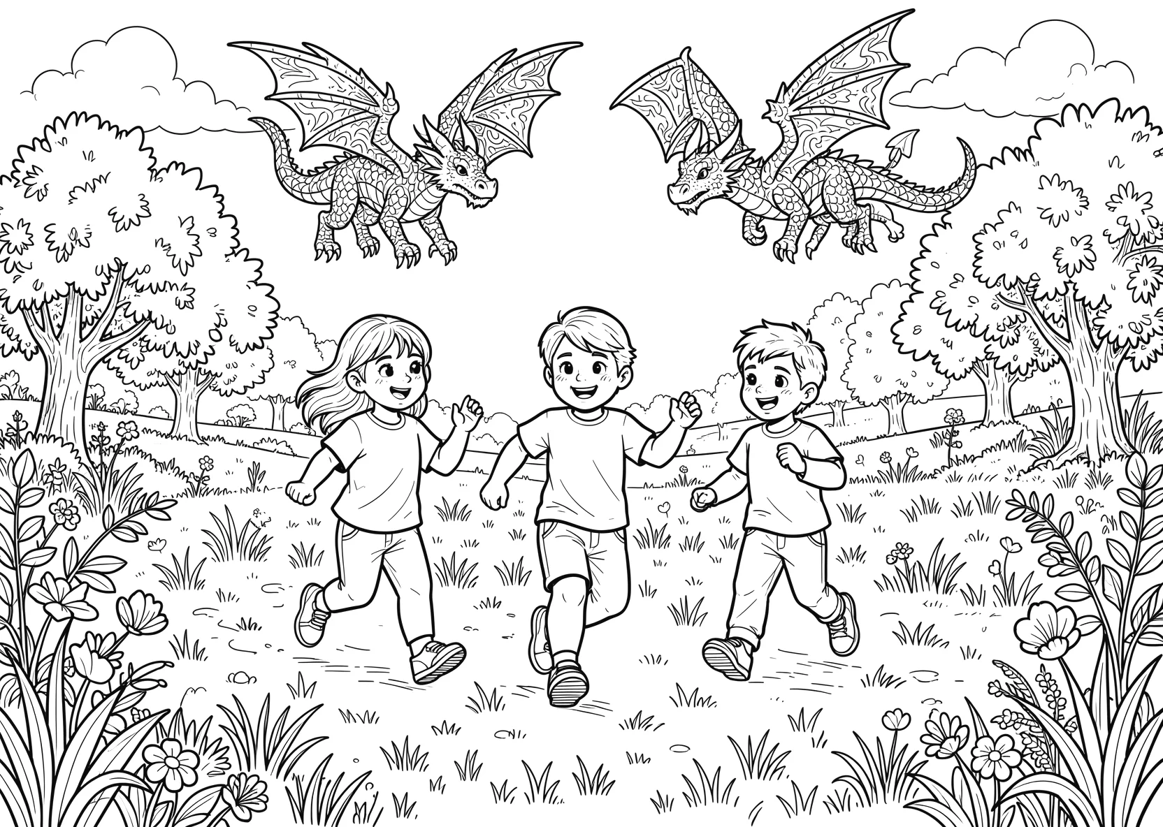 Ausmalbild Kinder laufen zusammen über eine Wiese mit - Ausmalbild aus der Kategorie Maerchen - kostenlos ausdrucken