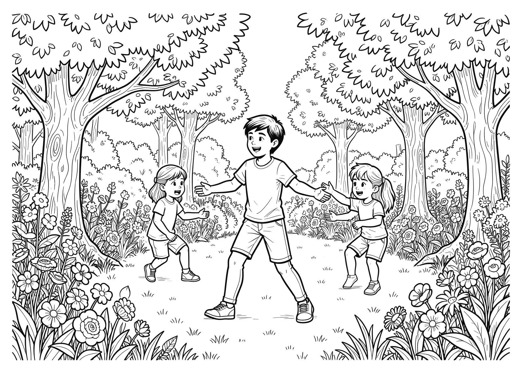 Ausmalbild Freunde spielen Fangen in einem Garten mit Bäumen - Ausmalbild aus der Kategorie Natur - kostenlos ausdrucken