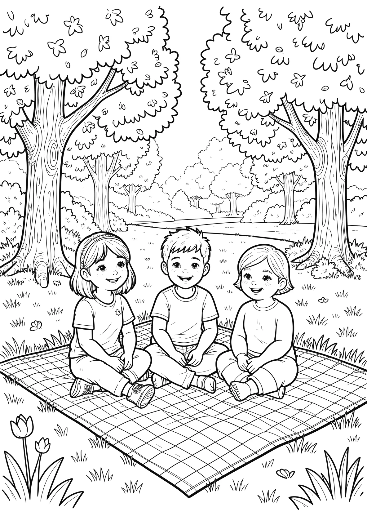 Ausmalbild Kinder sitzen zusammen auf einer Picknickdecke im - Ausmalbild aus der Kategorie Sonstiges - kostenlos ausdrucken