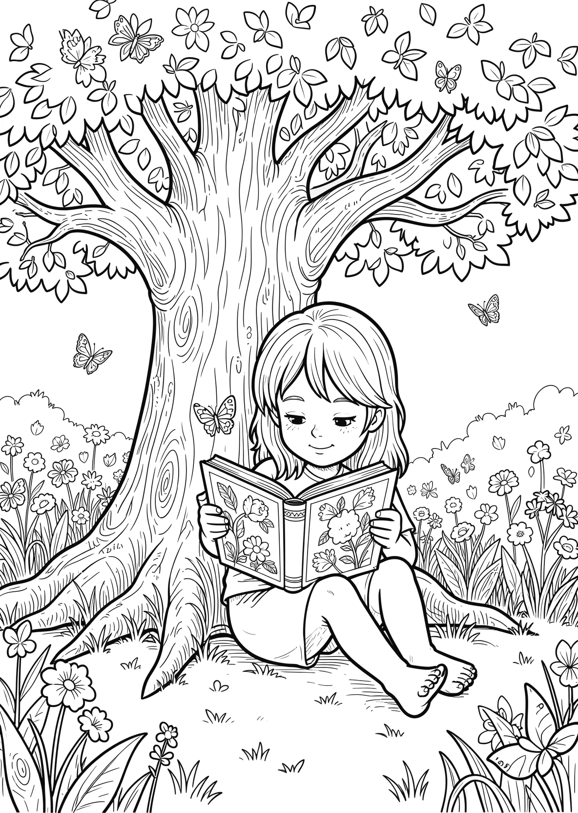 Ausmalbild Kind sitzt unter einem großen Baum - Ausmalbild aus der Kategorie Natur - kostenlos ausdrucken