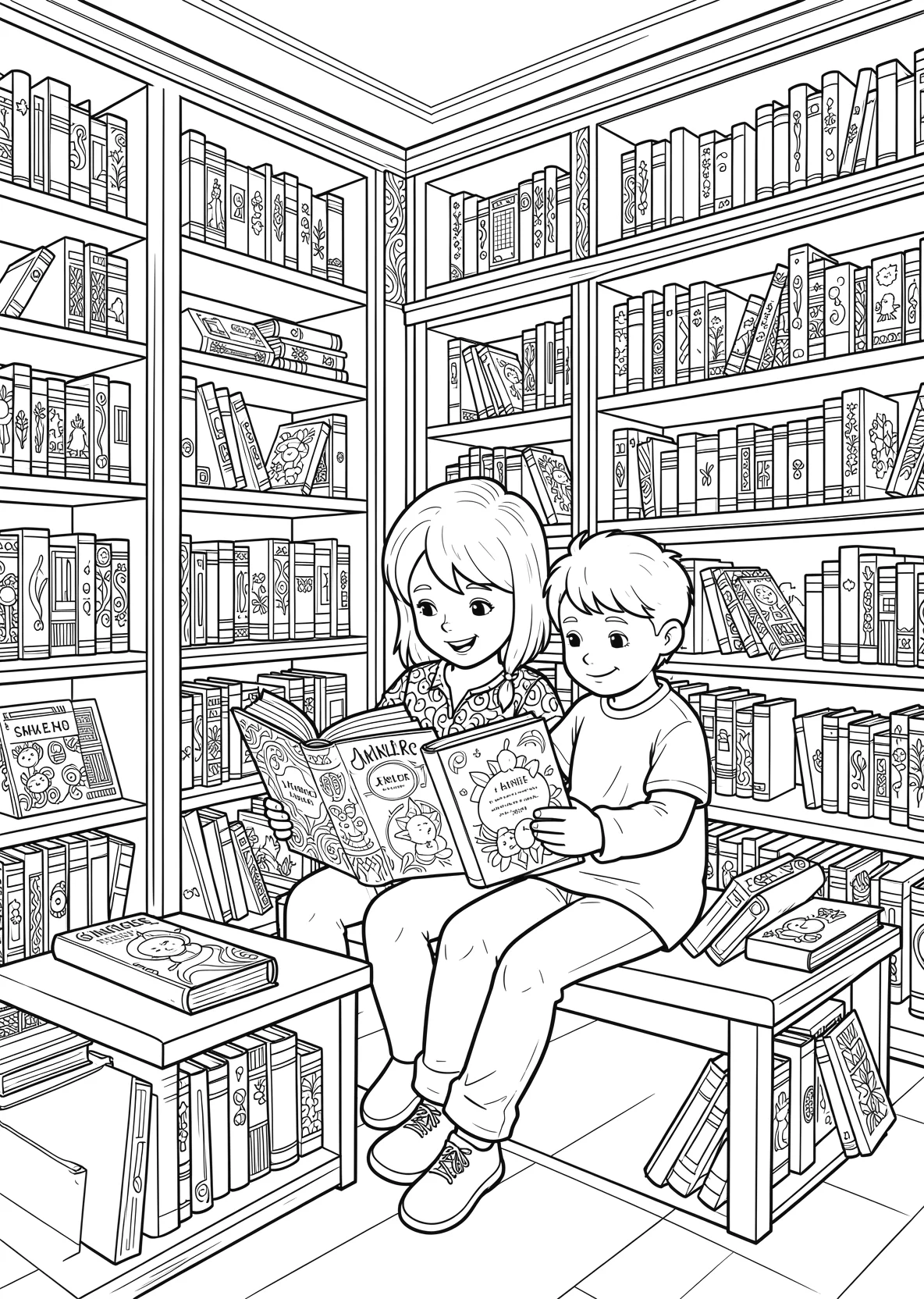 Ausmalbild Kinder sitzen in einer Bibliothek mit vielen - Ausmalbild aus der Kategorie Berufe - kostenlos ausdrucken