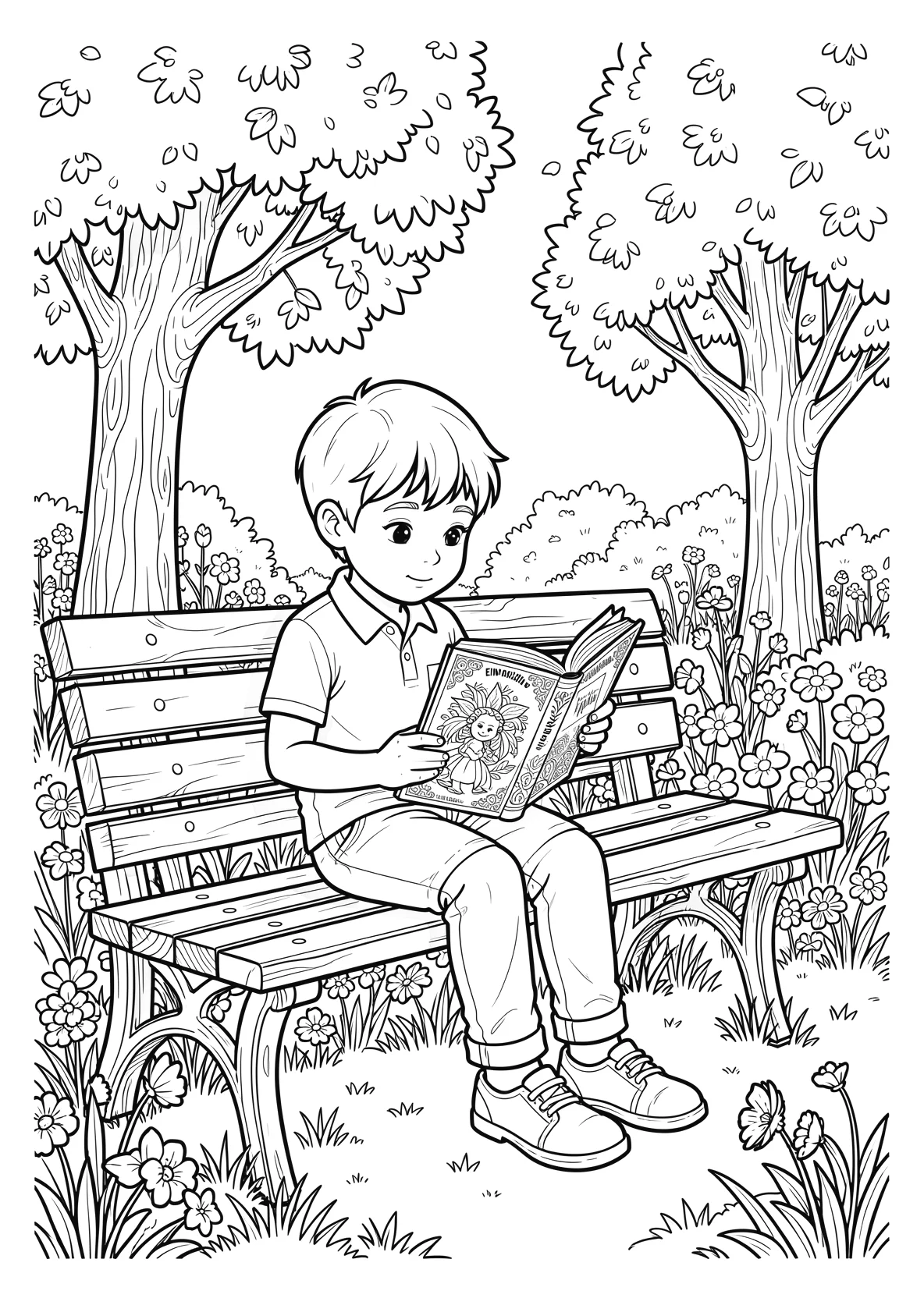 Ausmalbild Kind liest ein Buch auf einer Parkbank mit Bäumen - Ausmalbild aus der Kategorie Natur - kostenlos ausdrucken