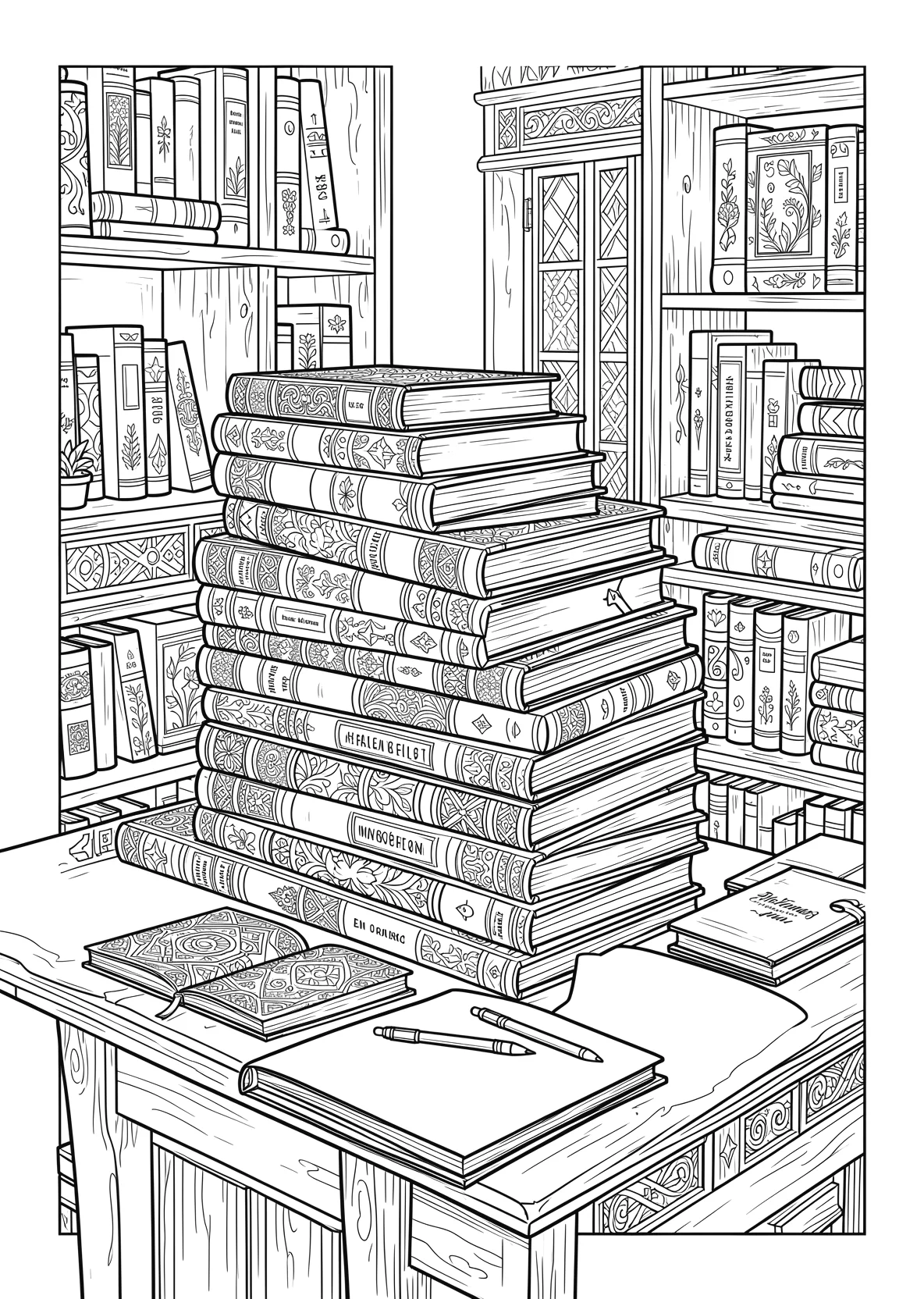 Ausmalbild Großer Stapel Bücher liegt auf einem Tisch mit - Ausmalbild aus der Kategorie Sonstiges - kostenlos ausdrucken