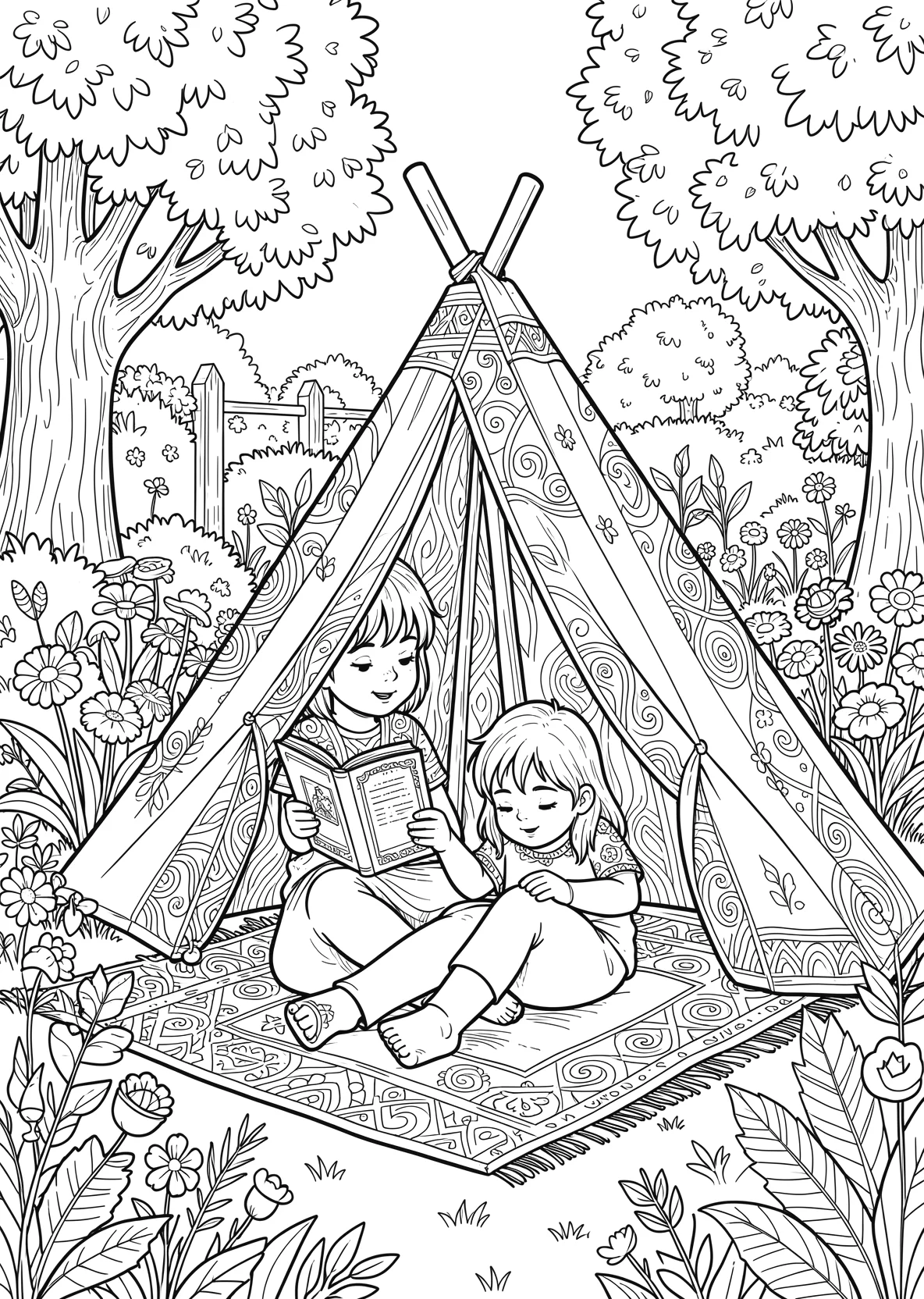 Ausmalbild Kind liest ein Buch in einem Zelt im Garten - Ausmalbild aus der Kategorie Natur - kostenlos ausdrucken