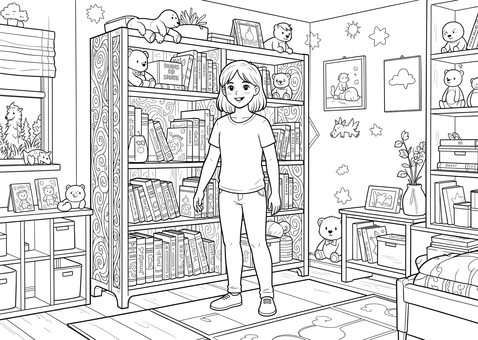 Ausmalbild Bücherregal voller Bücher in einem Kinderzimmer - Ausmalbild aus der Kategorie Berufe - kostenlos ausdrucken