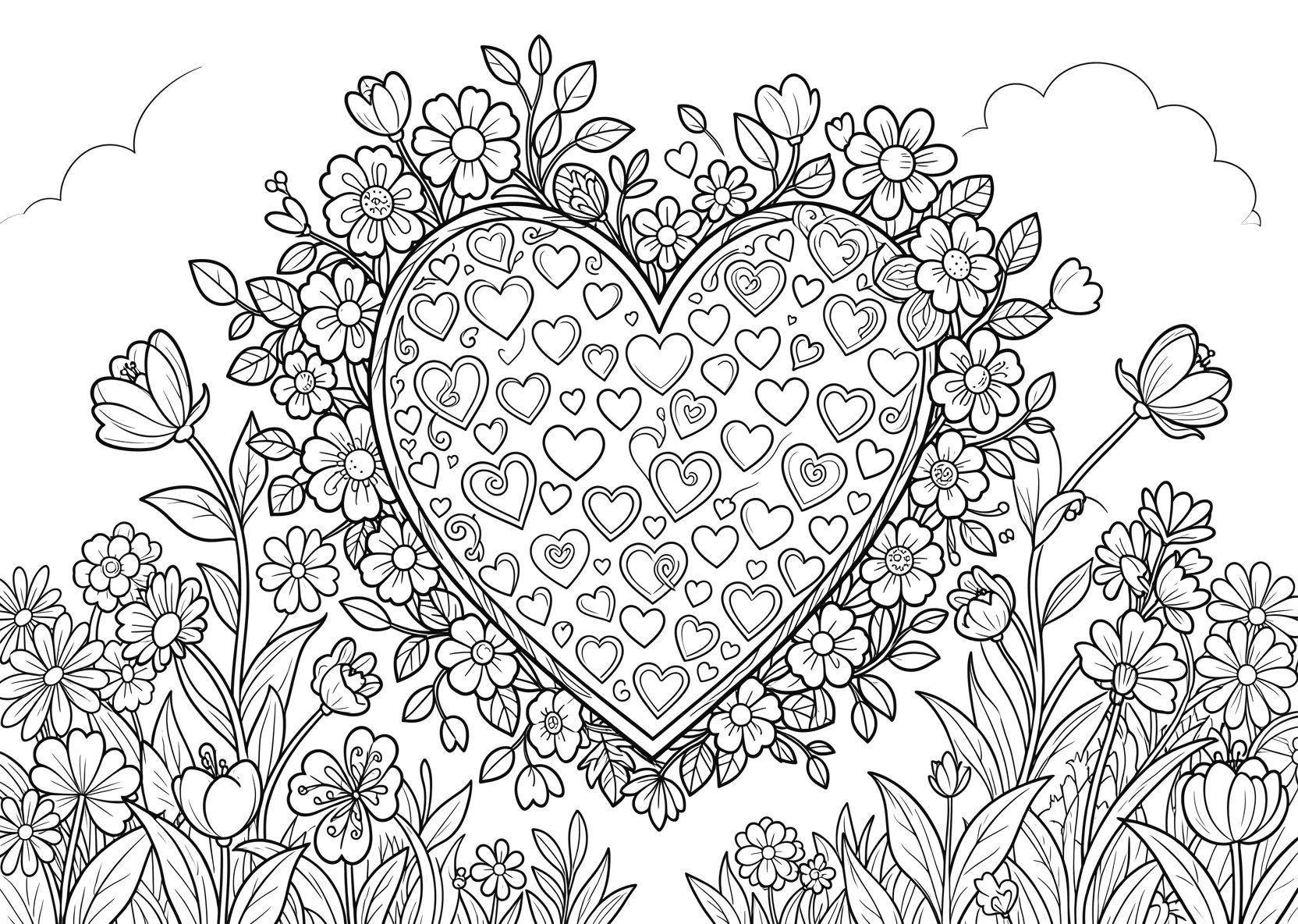 Ausmalbild Großes Herz mit vielen kleinen Herzchen - Ausmalbild aus der Kategorie Natur - kostenlos ausdrucken
