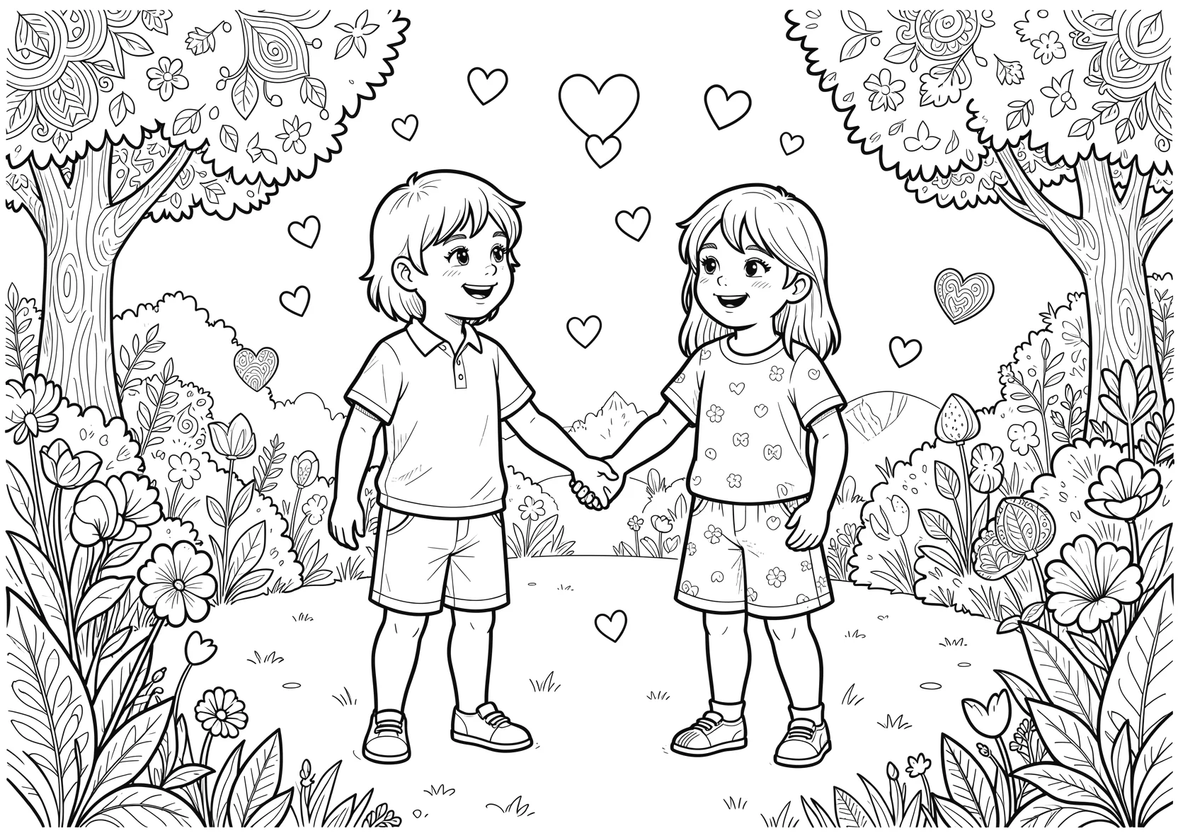 Ausmalbild Zwei Kinder halten sich an den Händen mit - Ausmalbild aus der Kategorie Sonstiges - kostenlos ausdrucken