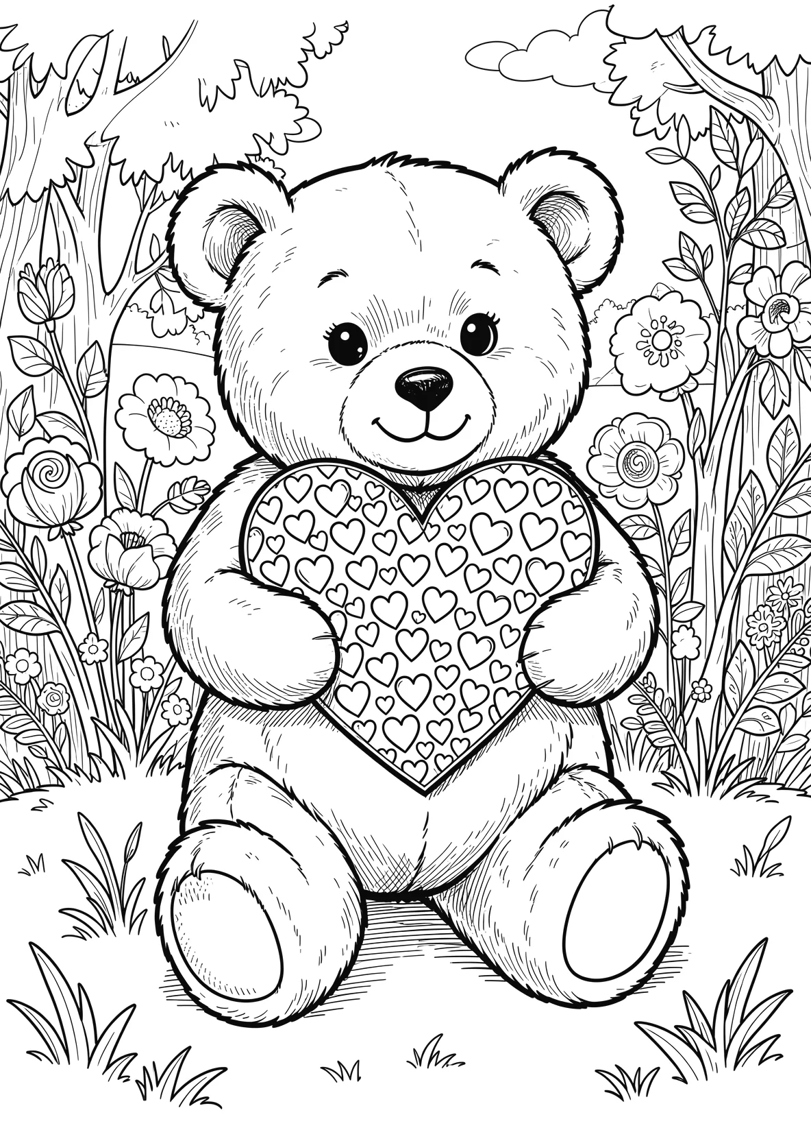 Ausmalbild Teddybär hält ein großes Herz mit vielen kleinen - Ausmalbild aus der Kategorie Tiere - kostenlos ausdrucken