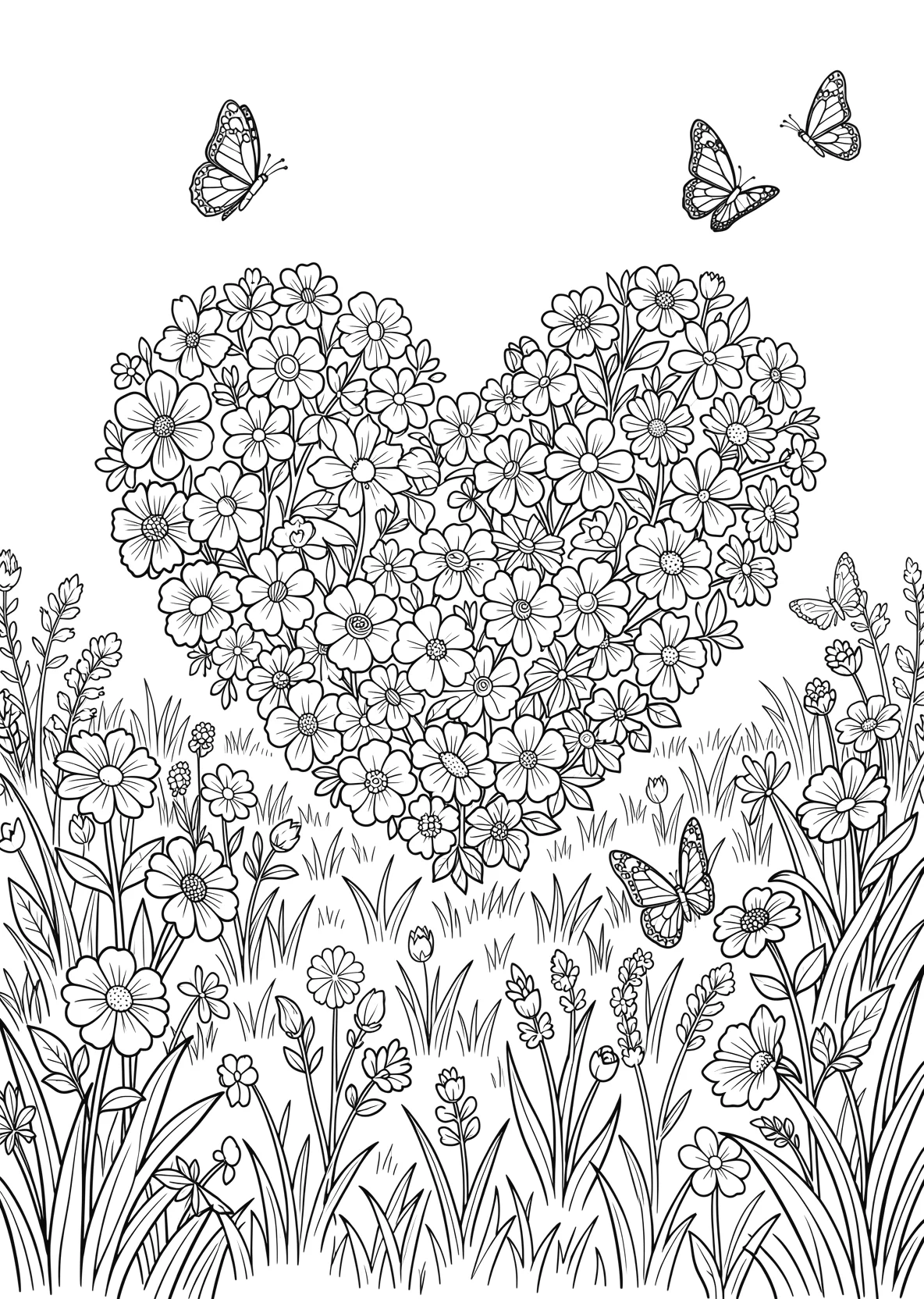 Ausmalbild Herz aus Blumen auf einer Wiese mit - Ausmalbild aus der Kategorie Natur - kostenlos ausdrucken