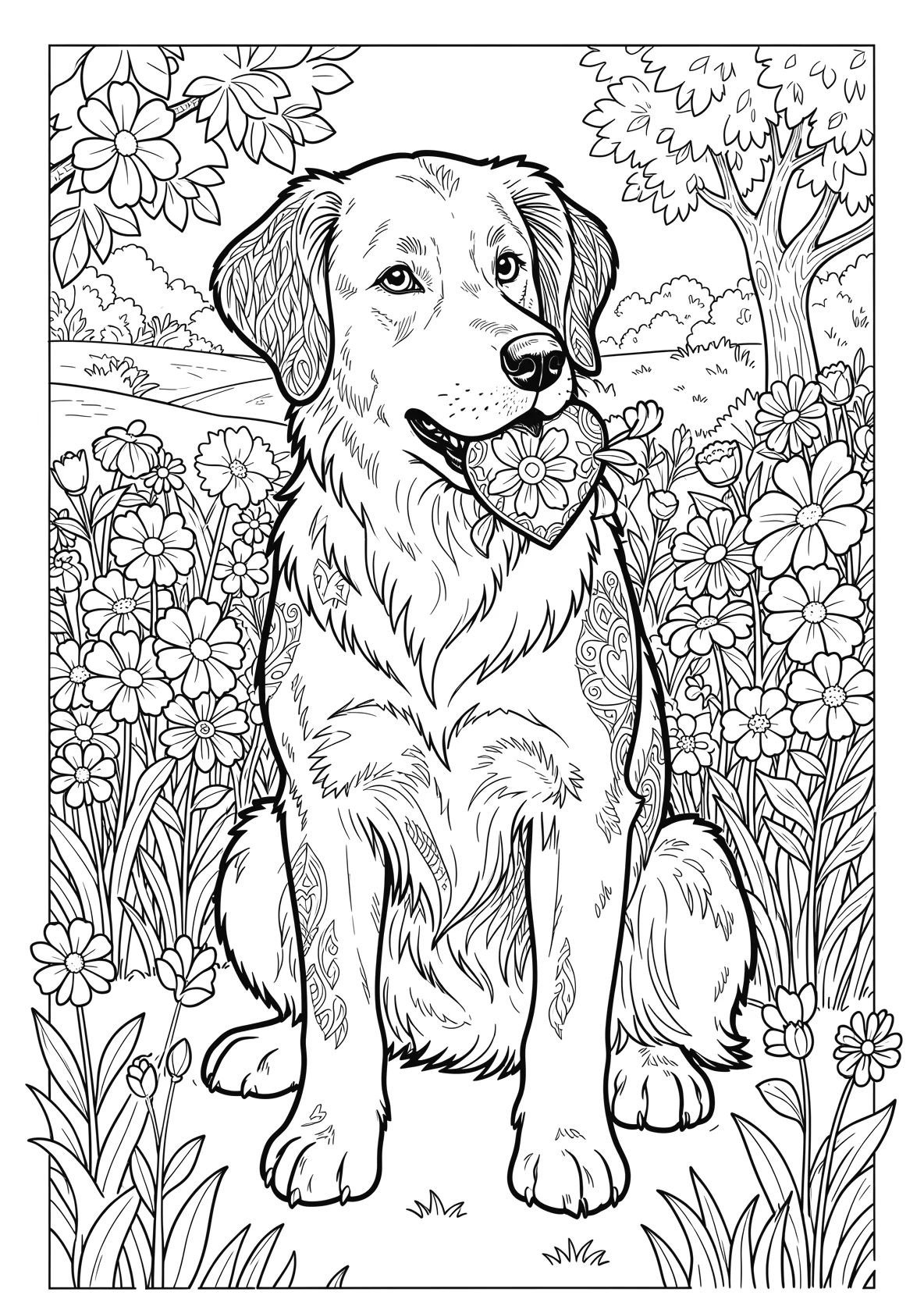 Ausmalbild Hund hält ein Herz im Maul mit Blumen im - Ausmalbild aus der Kategorie Tiere - kostenlos ausdrucken