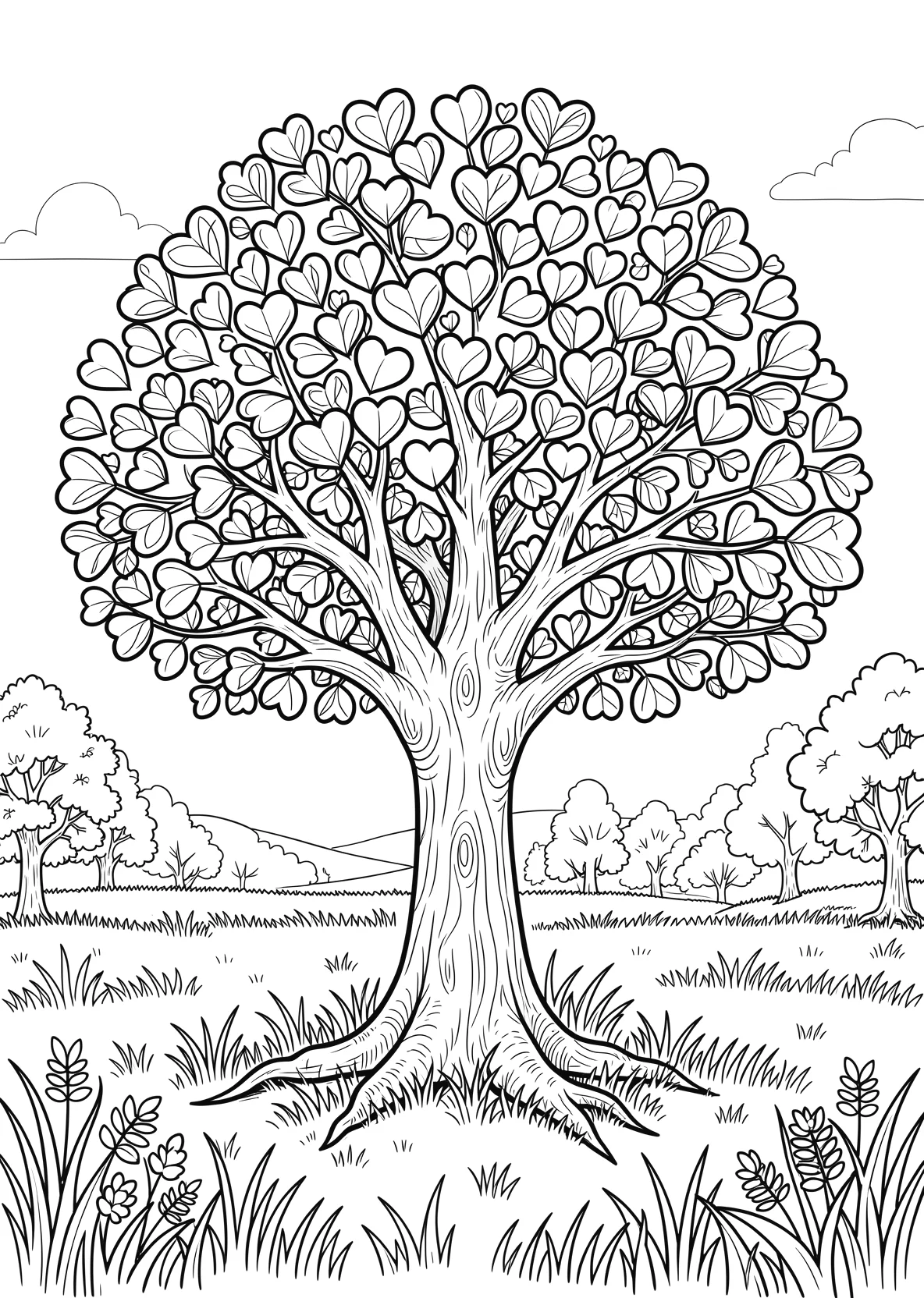 Ausmalbild Baum mit herzförmigen Blättern auf einer Wiese - Ausmalbild aus der Kategorie Natur - kostenlos ausdrucken