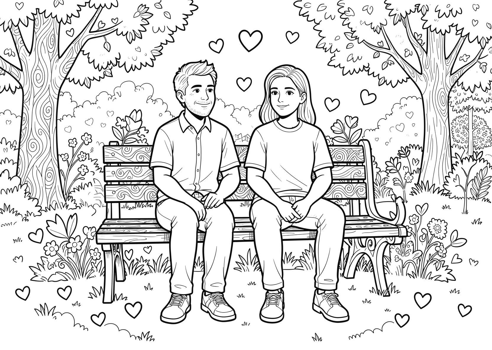 Ausmalbild Zwei Freunde sitzen zusammen auf einer Bank mit - Ausmalbild aus der Kategorie Sonstiges - kostenlos ausdrucken