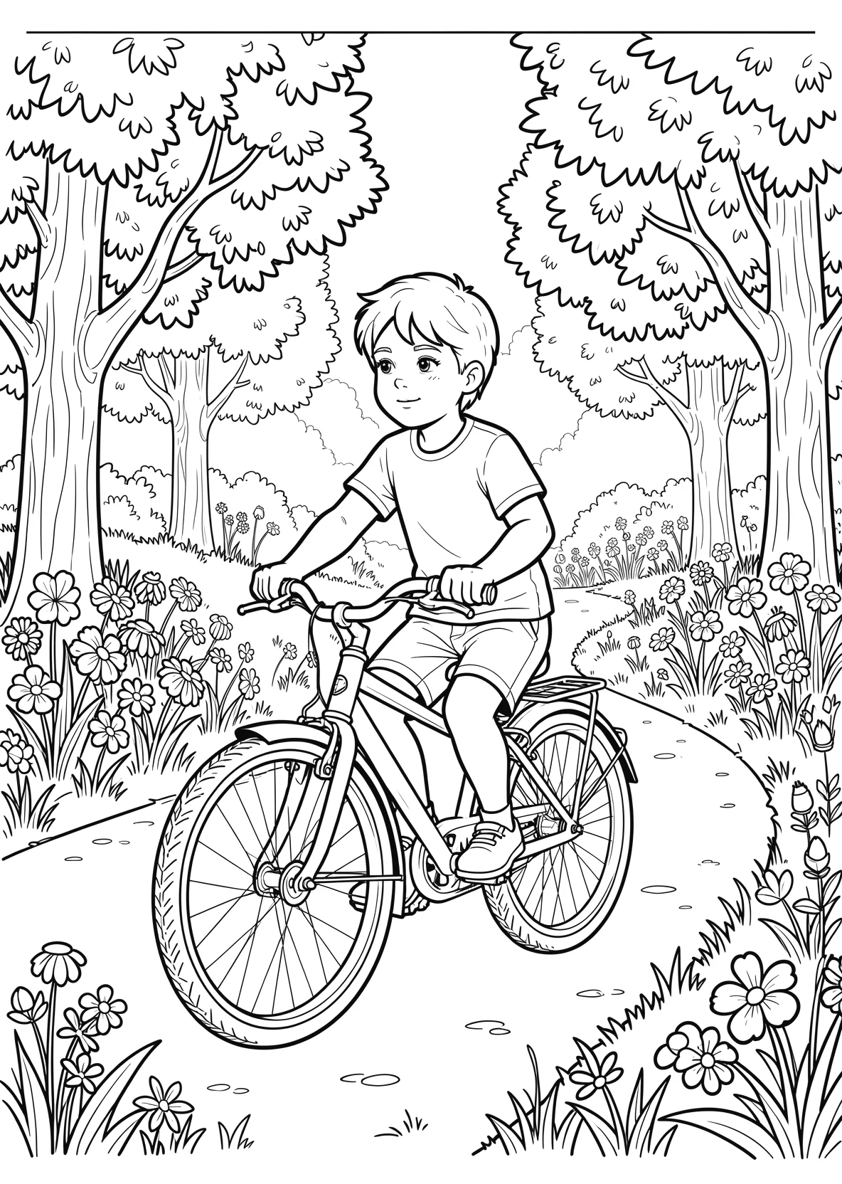 Ausmalbild Kind fährt Fahrrad auf einem Weg durch einen Park - Ausmalbild aus der Kategorie Fahrzeuge - kostenlos ausdrucken