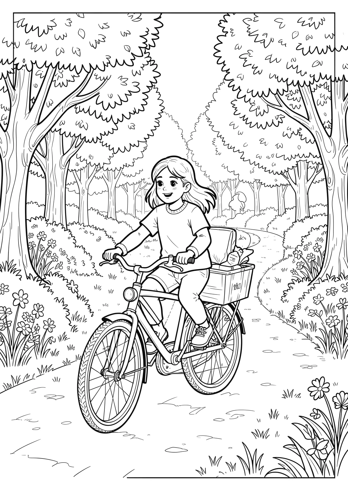 Ausmalbild Kinder fahren gemeinsam Fahrrad auf einem Weg - Ausmalbild aus der Kategorie Fahrzeuge - kostenlos ausdrucken