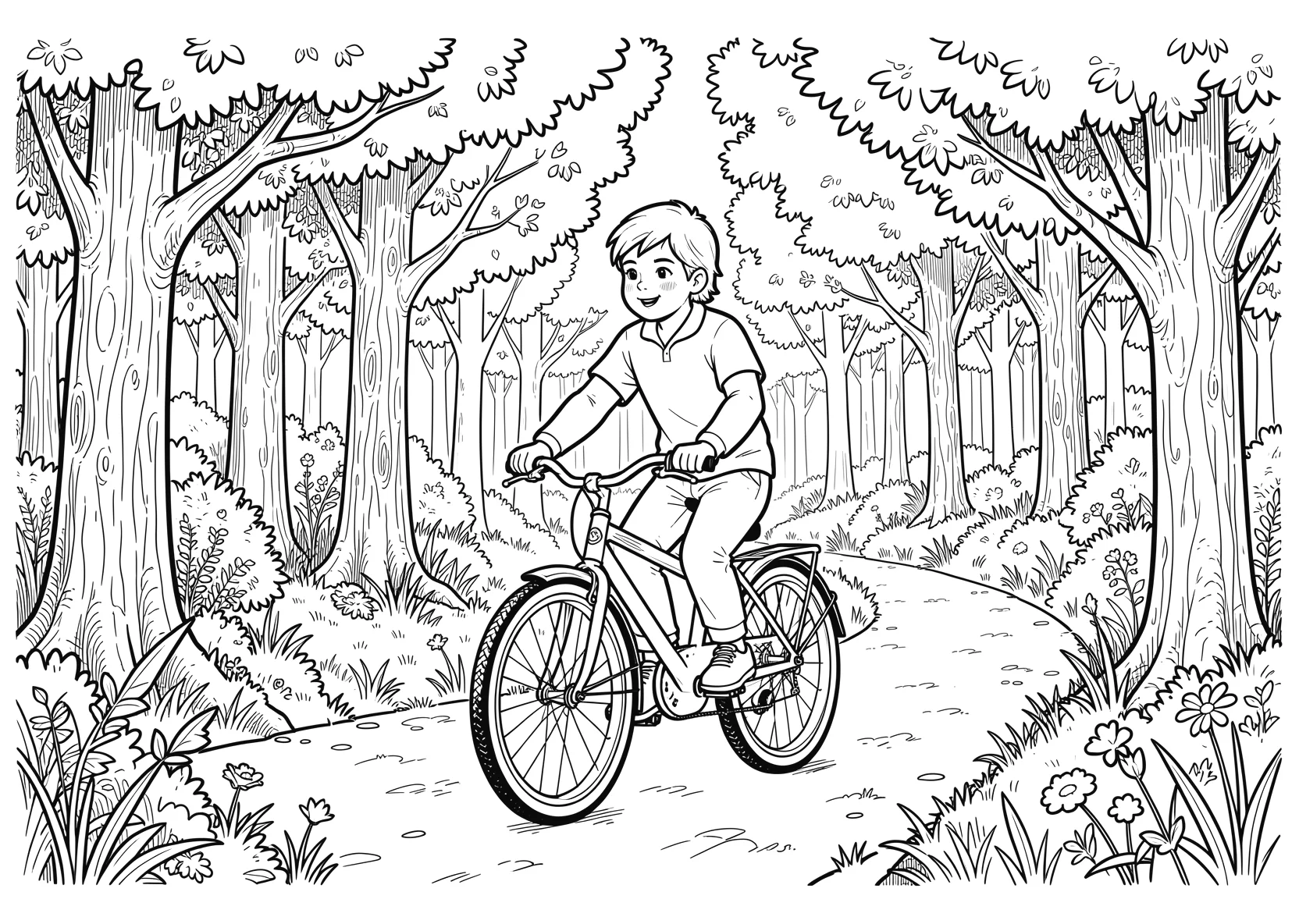 Ausmalbild Kinder fahren Fahrrad auf einem Waldweg mit Bäumen - Ausmalbild aus der Kategorie Fahrzeuge - kostenlos ausdrucken